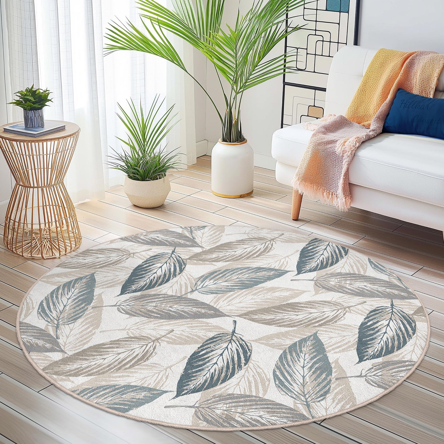 Elegant Round Leaf Pattern Area Rug, Botanical Leaf Design Carpet, Soft Round Rug for Living Room, Bedroom, Home Decor