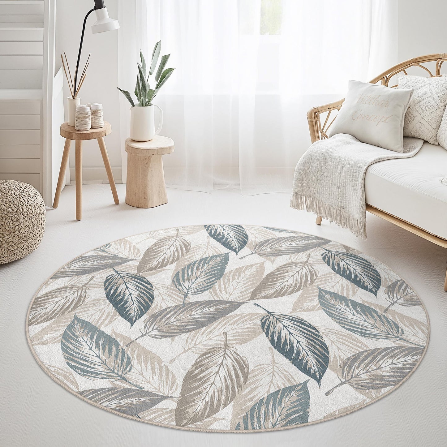 Elegant Round Leaf Pattern Area Rug, Botanical Leaf Design Carpet, Soft Round Rug for Living Room, Bedroom, Home Decor