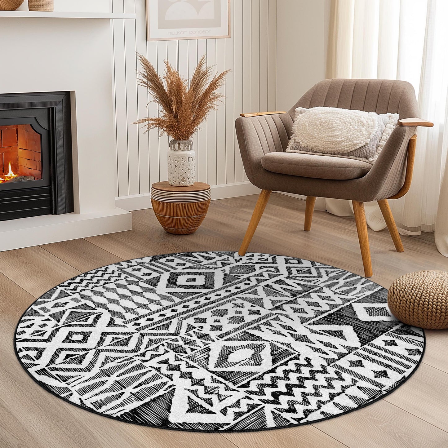 Modern Black and White Geometric Round Area Rug, Stylish Round Carpet for Home Decor, Contemporary Round Rug, Unique Living Room Accent