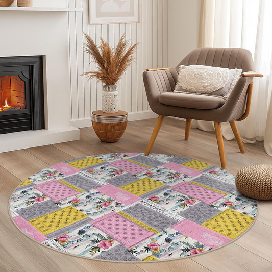 Floral Patchwork Round Area Rug, Colorful Circular Rug for Kids Room, Soft Nursery Rug, Playroom Decor, Vibrant Home Accent