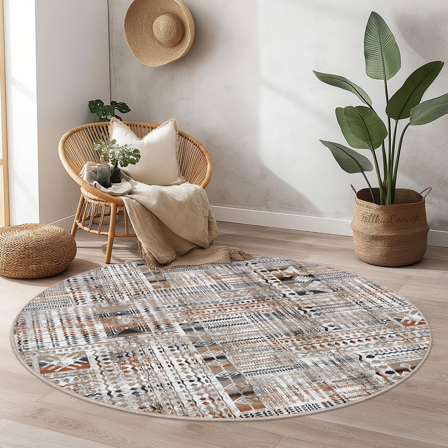 Bohemian Round Area Rug, Patterned Round Carpet, Cozy Living Room Decor, Unique Round Rug, Modern Home Textile, Chic Floor Covering