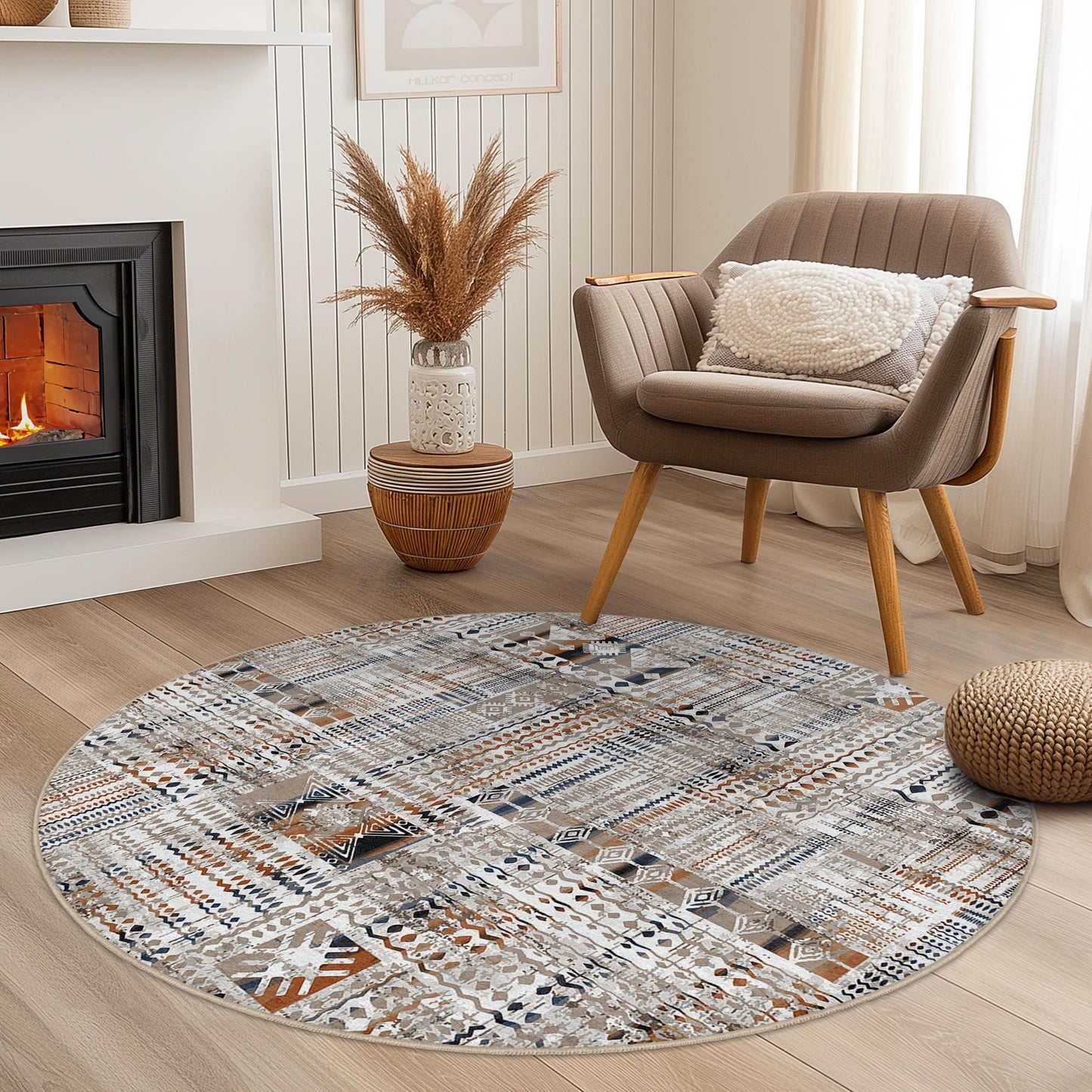 Bohemian Round Area Rug, Patterned Round Carpet, Cozy Living Room Decor, Unique Round Rug, Modern Home Textile, Chic Floor Covering