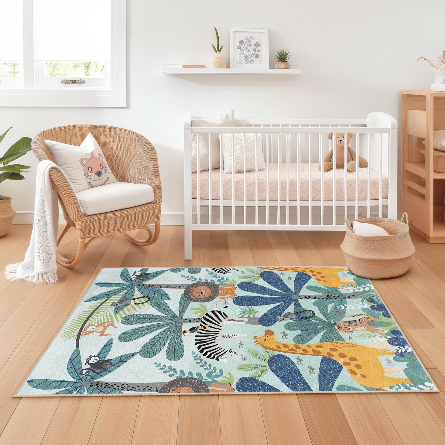 Jungle Safari Kids Area Rug, Animal Print Rectangular Rug for Nursery, Playroom Decor, Soft Carpet for Children