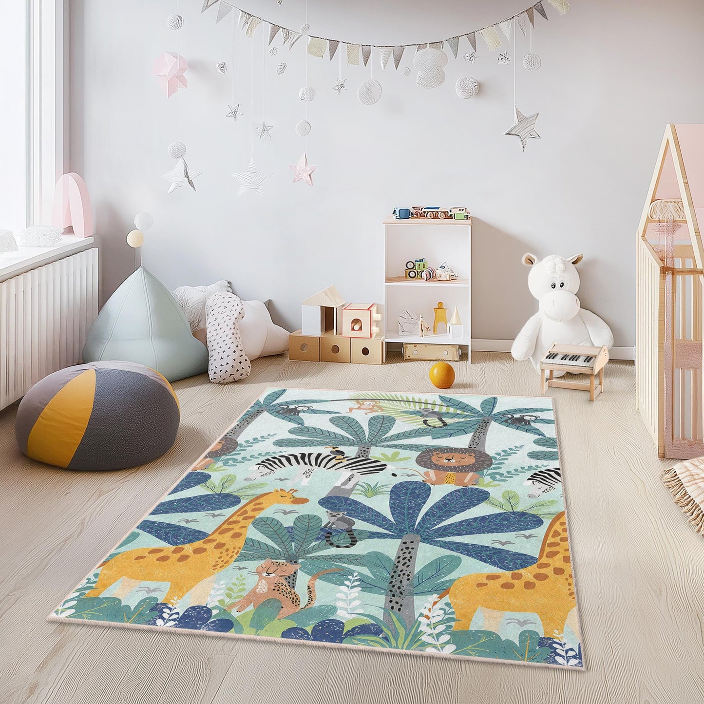 Jungle Safari Kids Area Rug, Animal Print Rectangular Rug for Nursery, Playroom Decor, Soft Carpet for Children