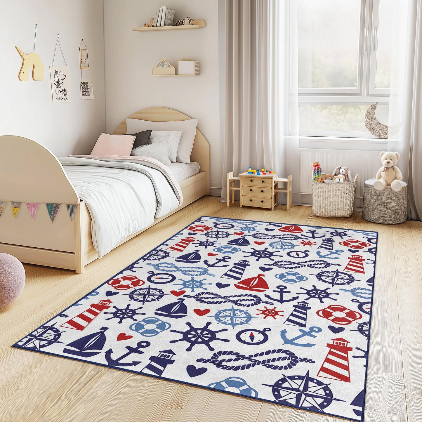 Nautical Adventure Kids Rug, Sailboat Pattern Rectangle Carpet, Sea Theme Kids Room Decor, Maritime Play Mat for Children