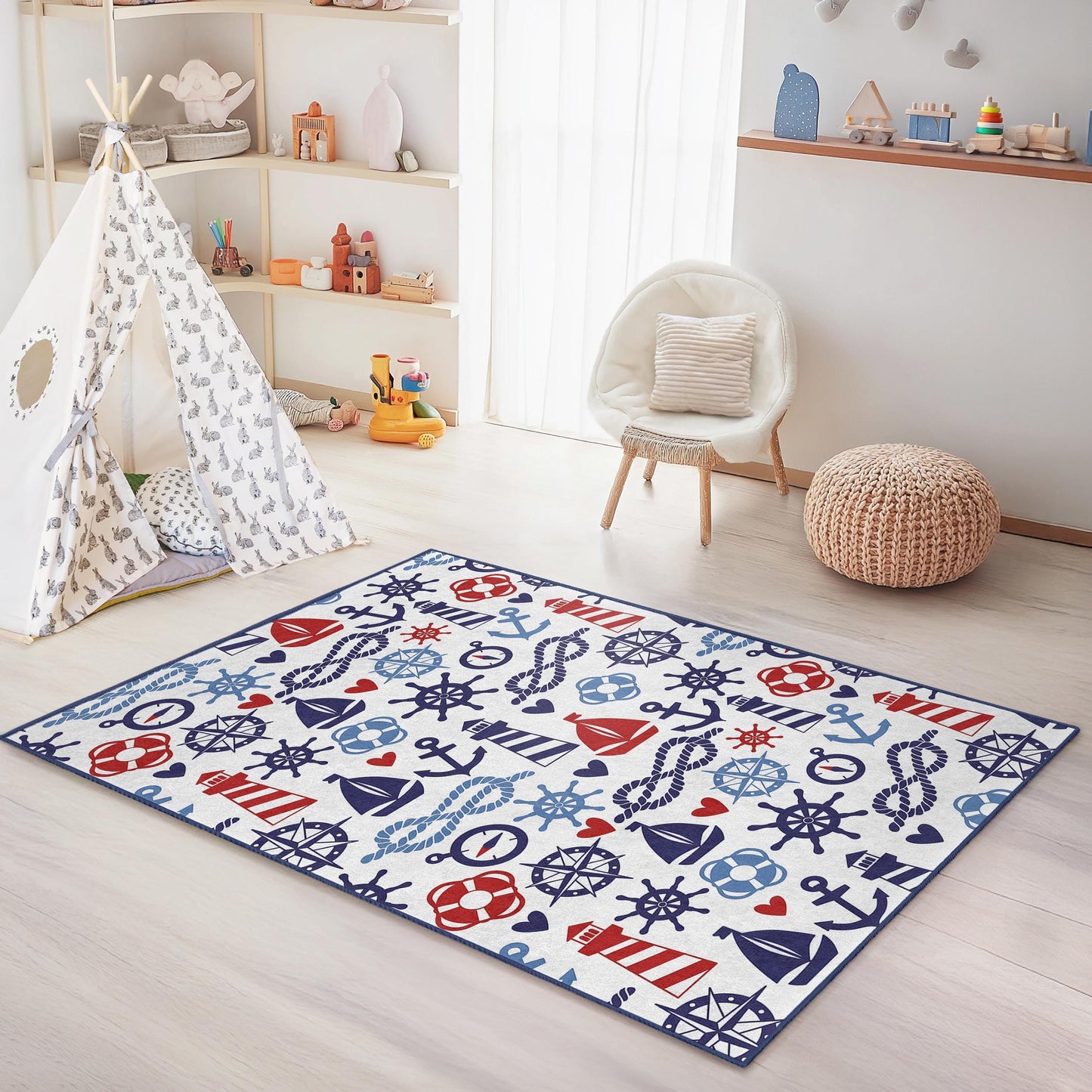 Nautical Adventure Kids Rug, Sailboat Pattern Rectangle Carpet, Sea Theme Kids Room Decor, Maritime Play Mat for Children