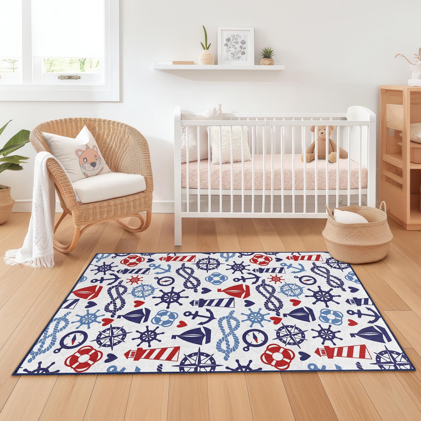 Nautical Adventure Kids Rug, Sailboat Pattern Rectangle Carpet, Sea Theme Kids Room Decor, Maritime Play Mat for Children