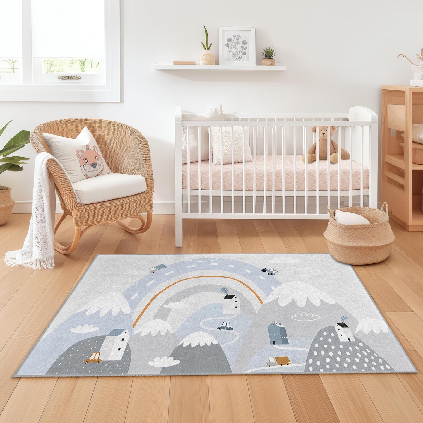 Whimsical Road Map Rectangular Kids Rug, Playtime Carpet for Children's Rooms, Soft Nursery Decor, Interactive Play Mat
