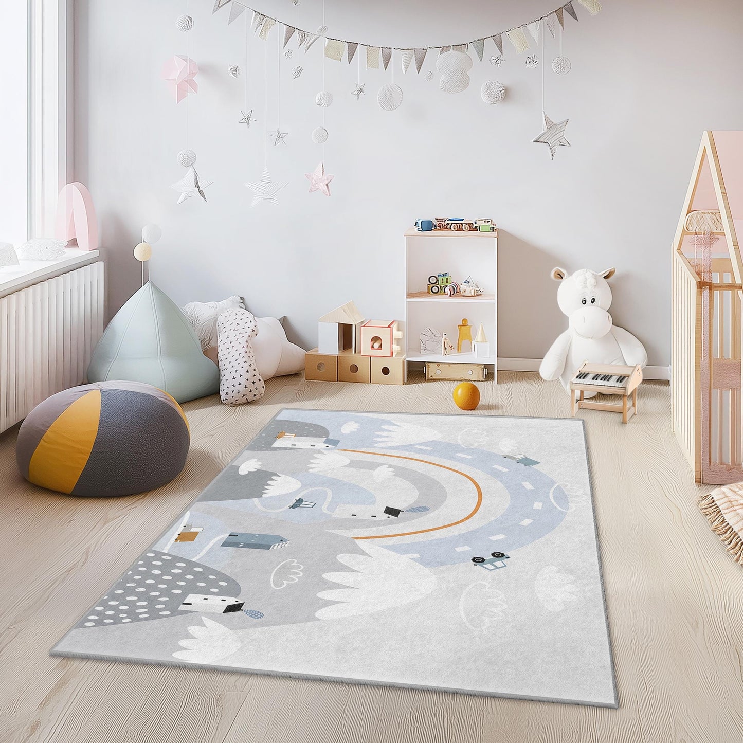 Whimsical Road Map Rectangular Kids Rug, Playtime Carpet for Children's Rooms, Soft Nursery Decor, Interactive Play Mat