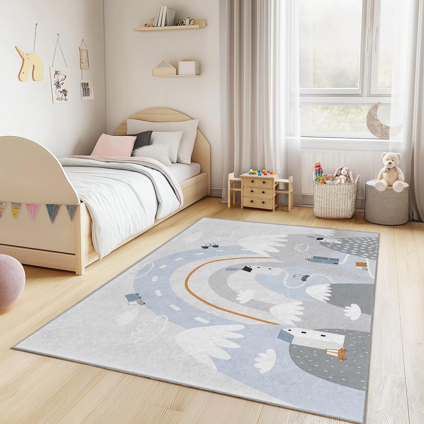 Whimsical Road Map Rectangular Kids Rug, Playtime Carpet for Children's Rooms, Soft Nursery Decor, Interactive Play Mat