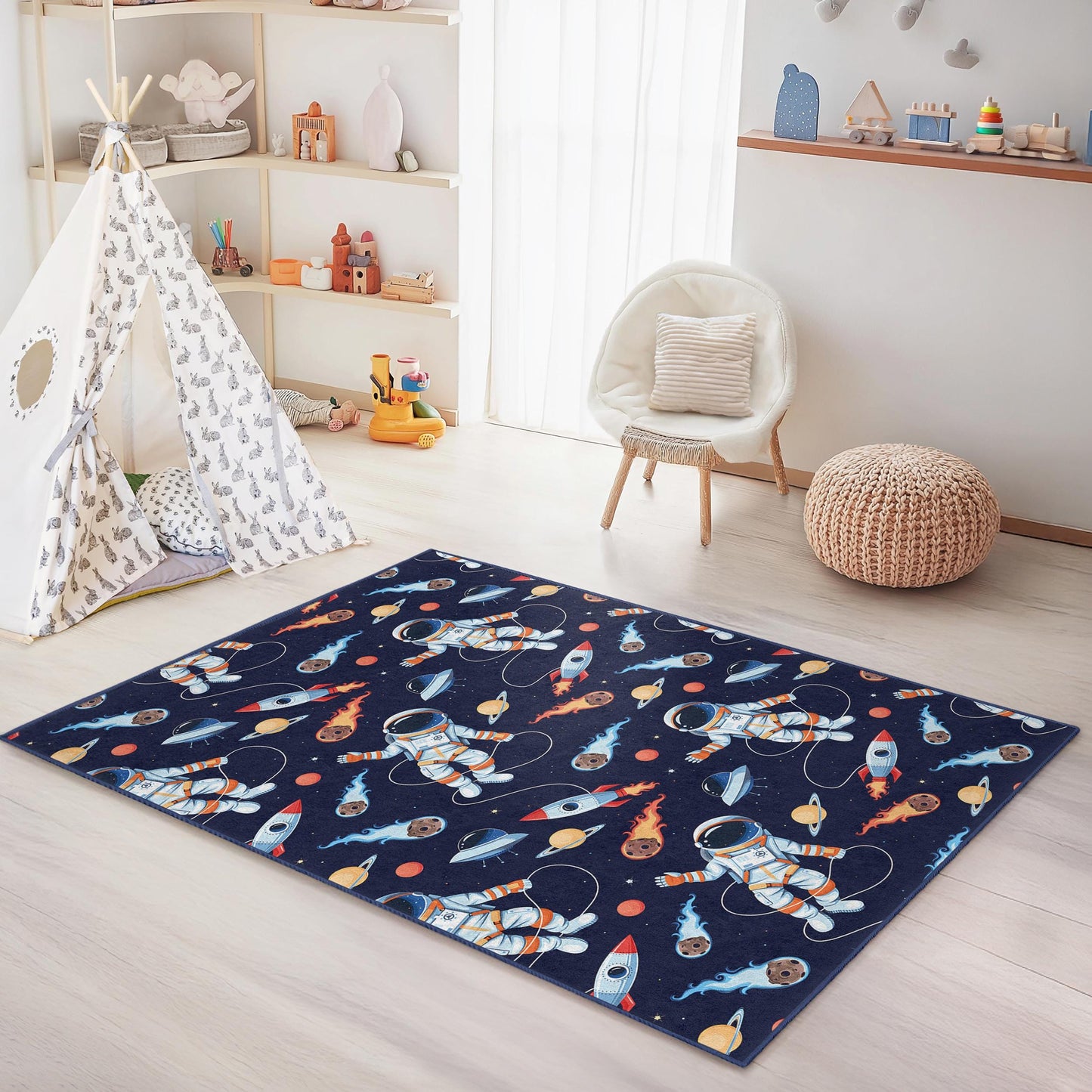 Astronaut Adventure Kids Rug, Space Theme Rectangle Rug, Outer Space Decor, Playroom Carpet, Kids Room Flooring