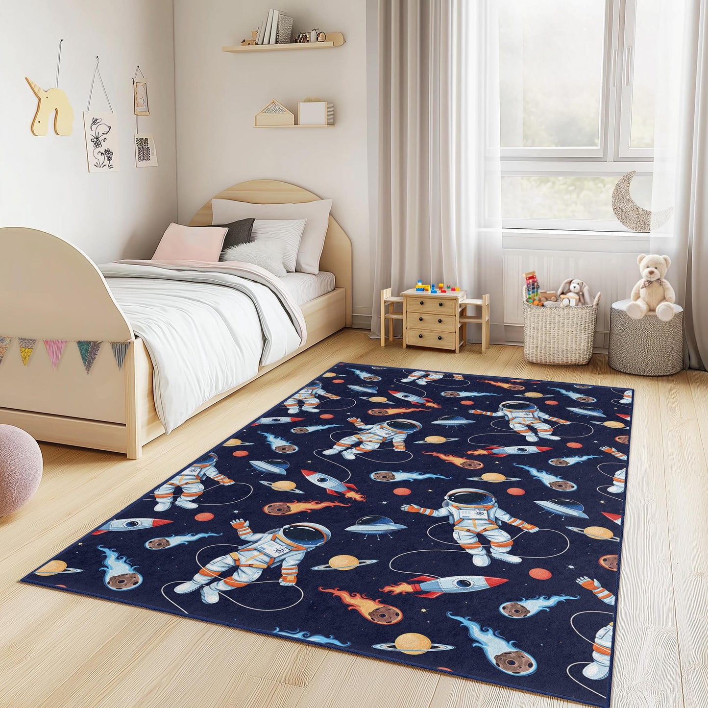 Astronaut Adventure Kids Rug, Space Theme Rectangle Rug, Outer Space Decor, Playroom Carpet, Kids Room Flooring