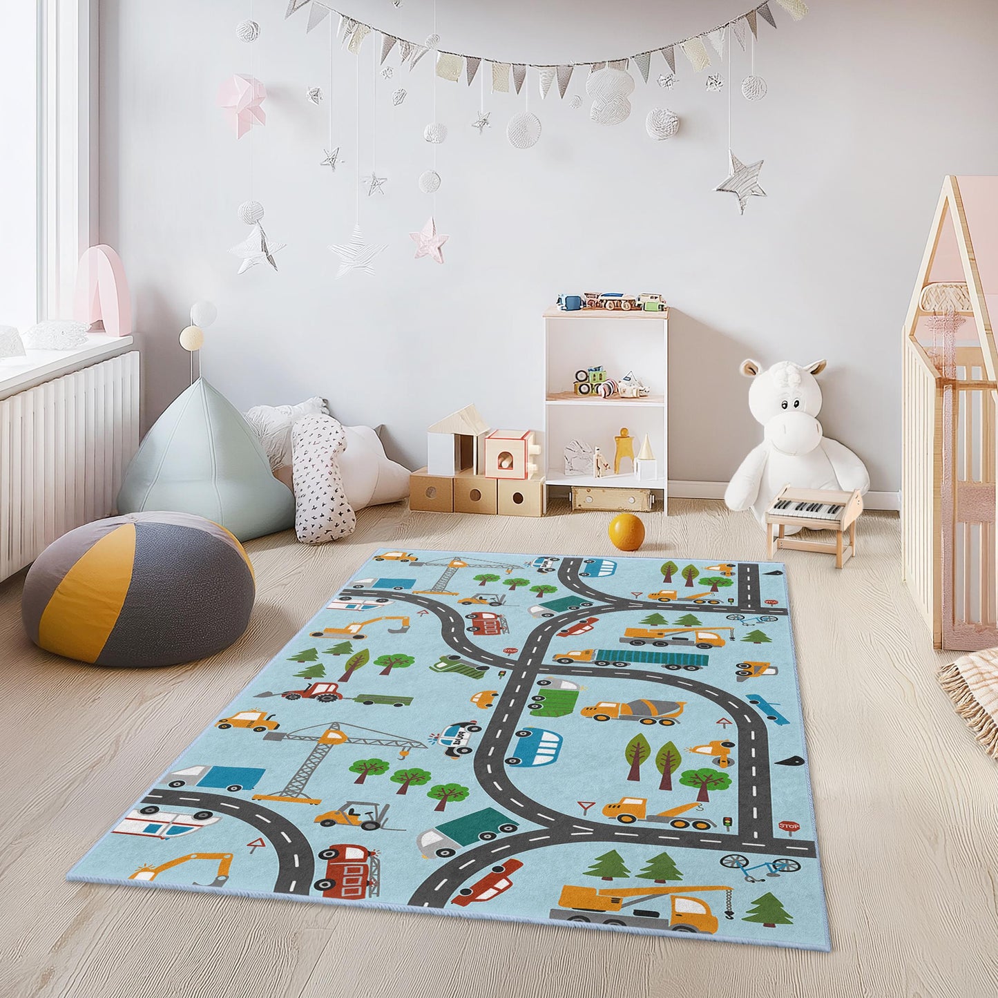 Construction Site Kids Play Rug, Truck and Vehicle Patterned Rectangular Rug, Road Map Carpet for Kids Room, Nursery Decor