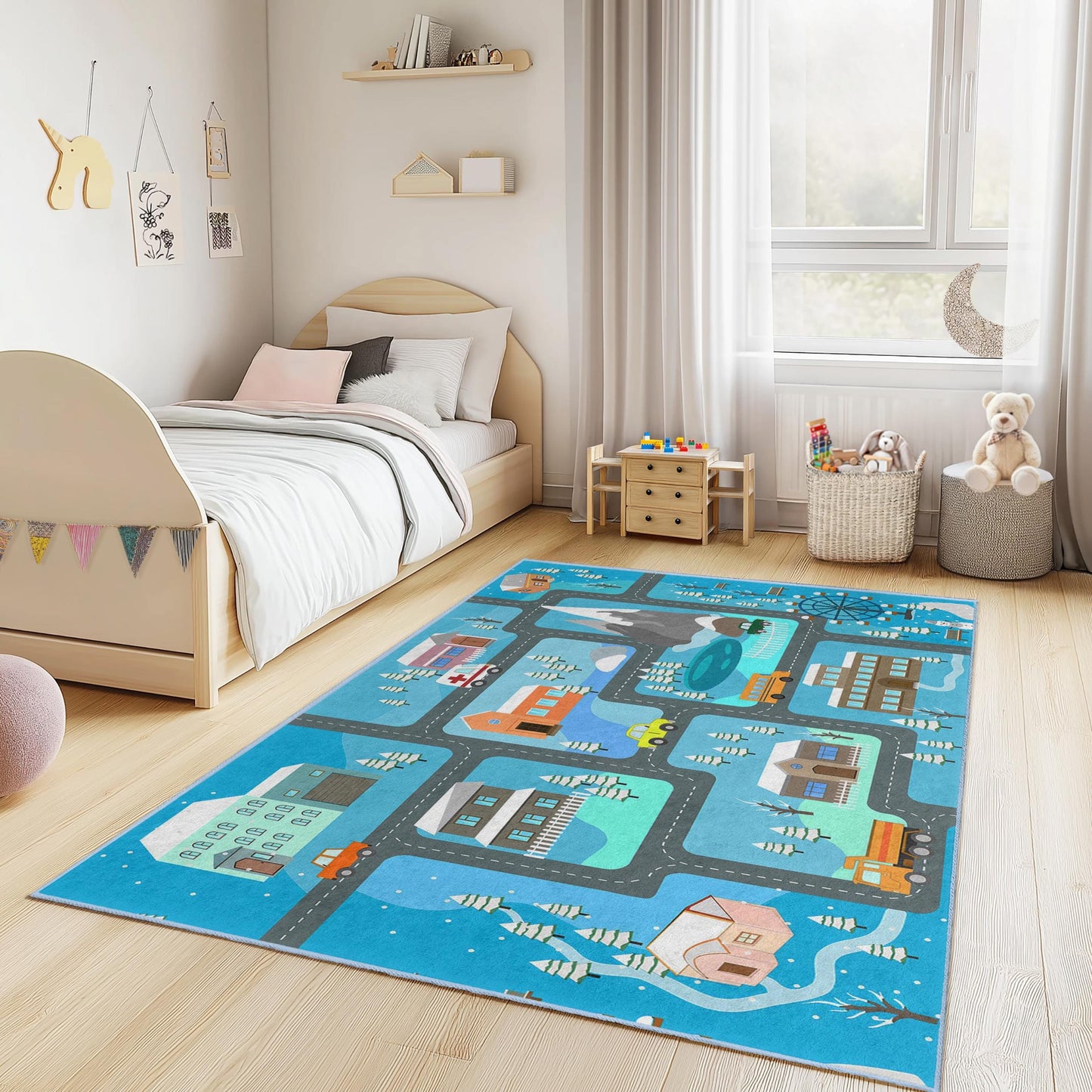 Winter Wonderland Kids Play Rug, Snowy Road Map Carpet, Rectangle Play Mat for Children, Cozy Nursery Decor, Interactive Kids Rug