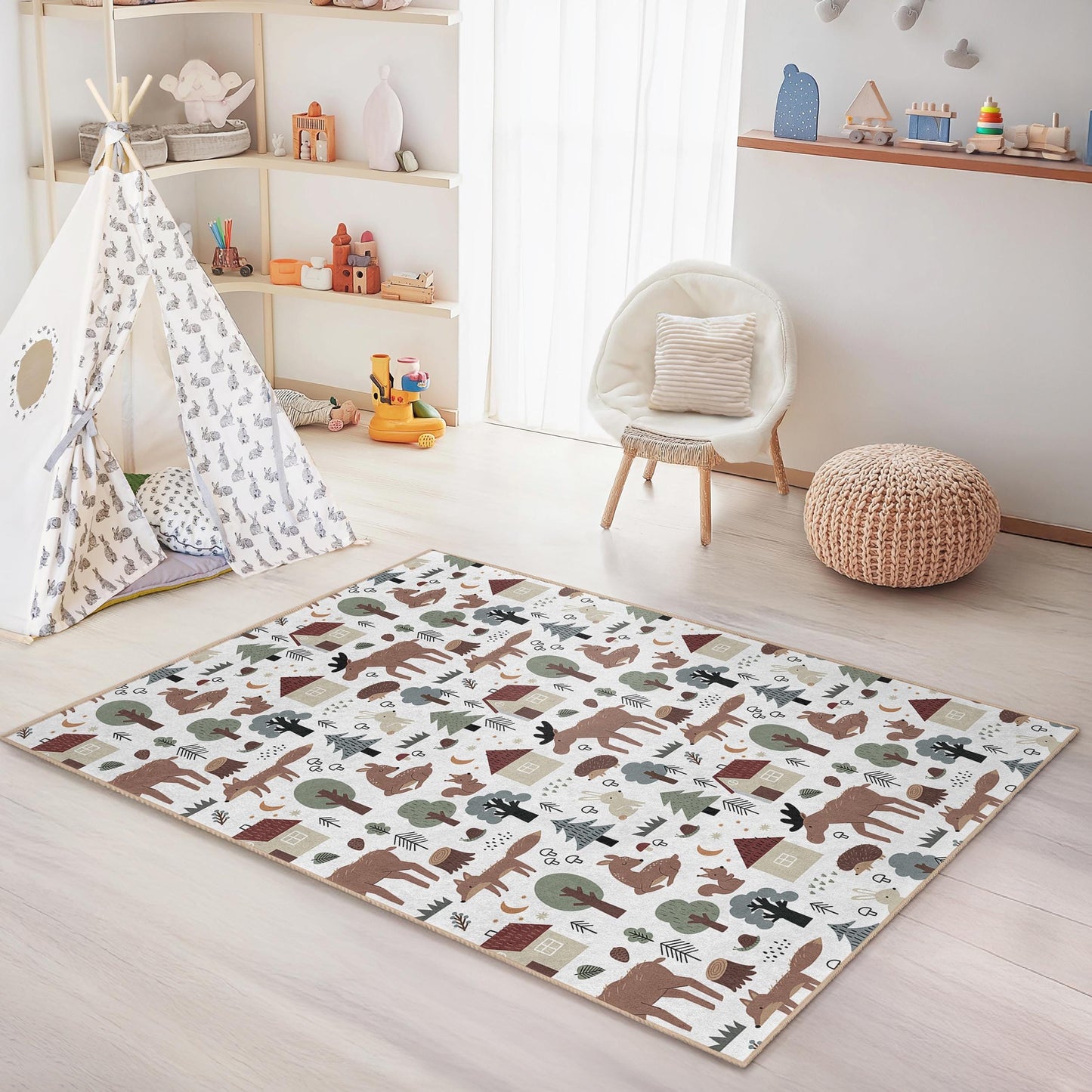 Whimsical Woodland Animal Kids Rug, Rectangular Forest Theme Carpet, Children Room Decor, Cute Animal Play Mat, Nursery Rug