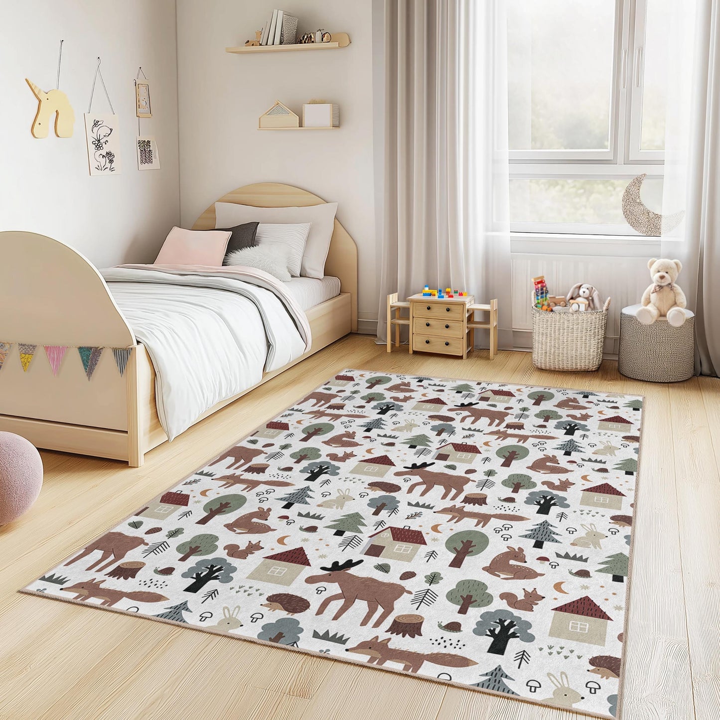 Whimsical Woodland Animal Kids Rug, Rectangular Forest Theme Carpet, Children Room Decor, Cute Animal Play Mat, Nursery Rug