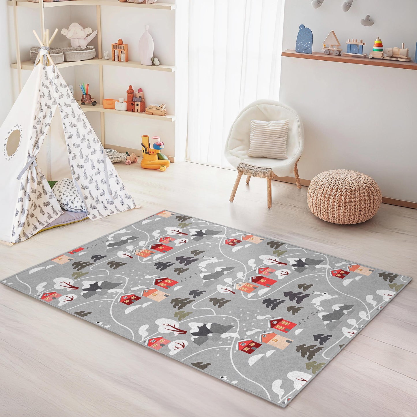 Cozy Winter Village Rectangular Kids Rug, Snowy Landscape Rug, Children's Playroom Decor, Kids Room Carpet, Soft Family Rug