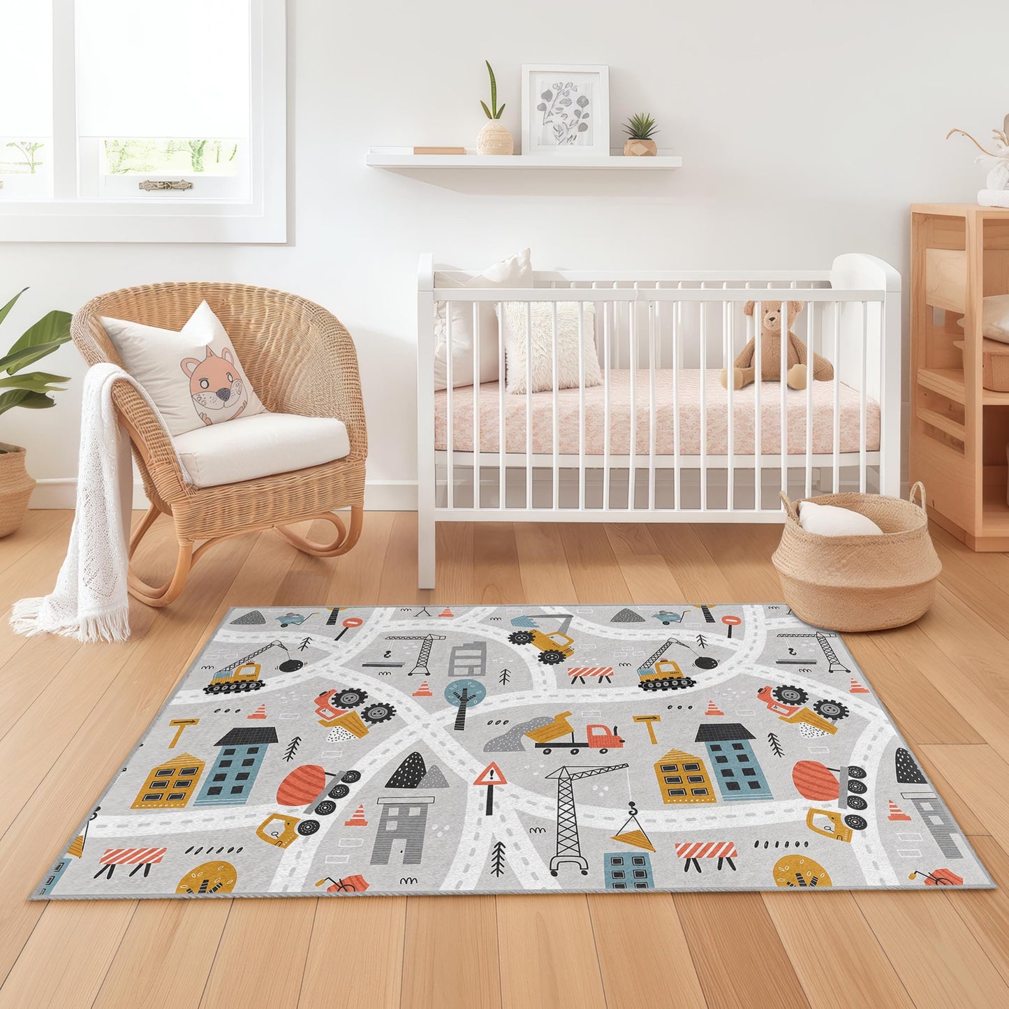 Construction Zone Kids Rug, Rectangular Play Mat, Building Site Carpet for Boys Room, Soft Nursery Decor, Kid's Playroom Rug