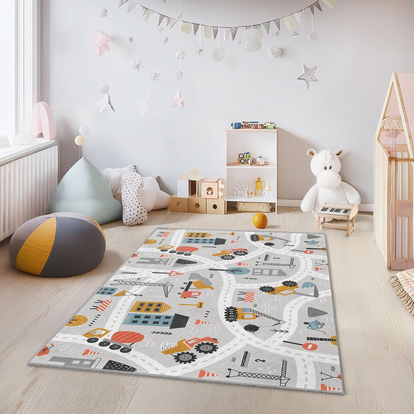 Construction Zone Kids Rug, Rectangular Play Mat, Building Site Carpet for Boys Room, Soft Nursery Decor, Kid's Playroom Rug