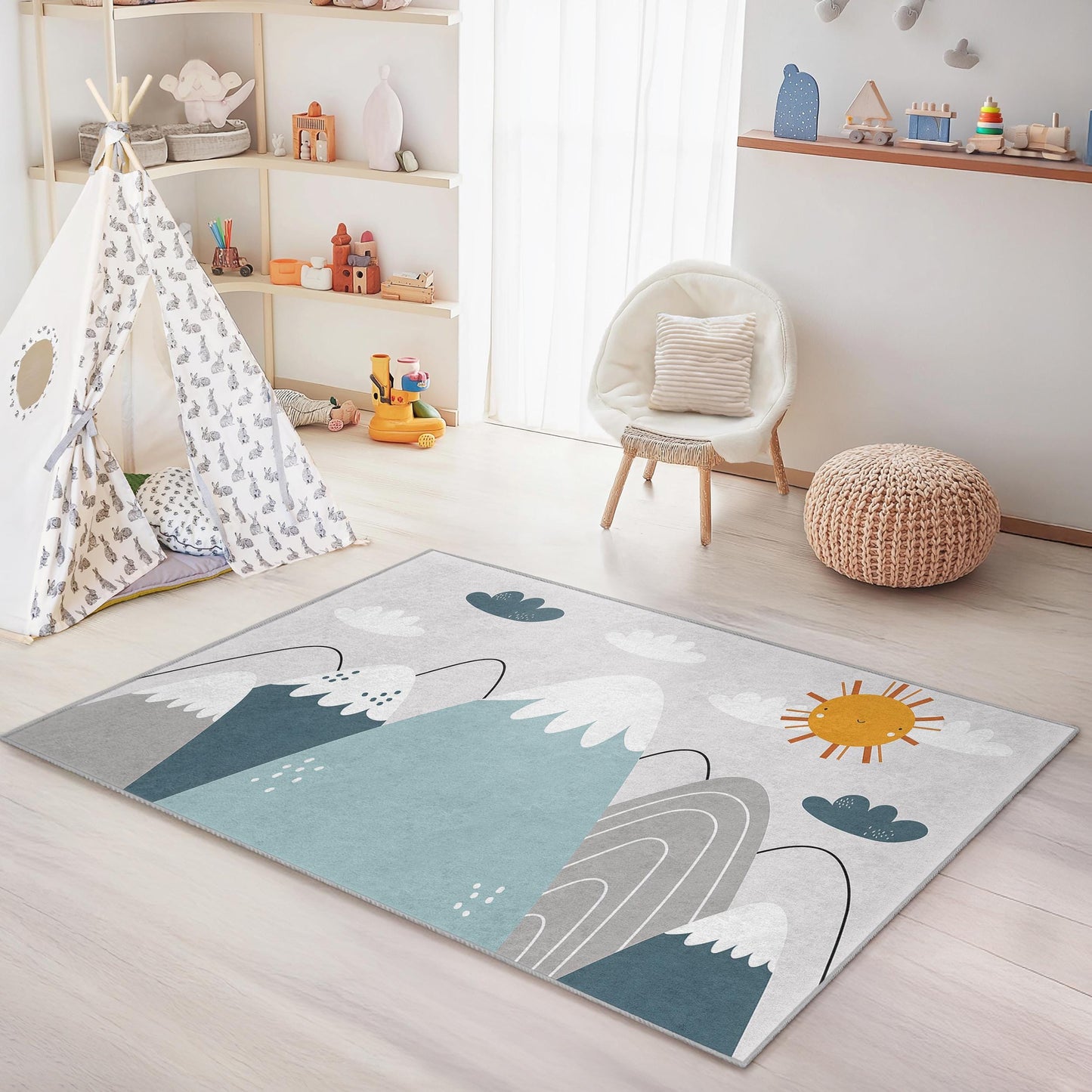 Mountain Adventure Kids Rug, Nature Theme Rectangular Rug, Playroom Decor, Nursery Rug, Kids Bedroom Carpet, Soft Play Mat
