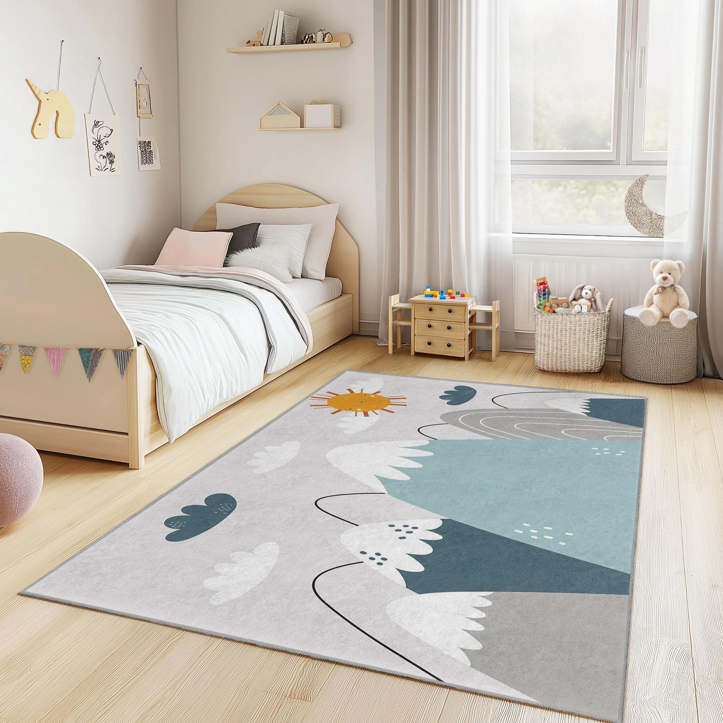 Mountain Adventure Kids Rug, Nature Theme Rectangular Rug, Playroom Decor, Nursery Rug, Kids Bedroom Carpet, Soft Play Mat
