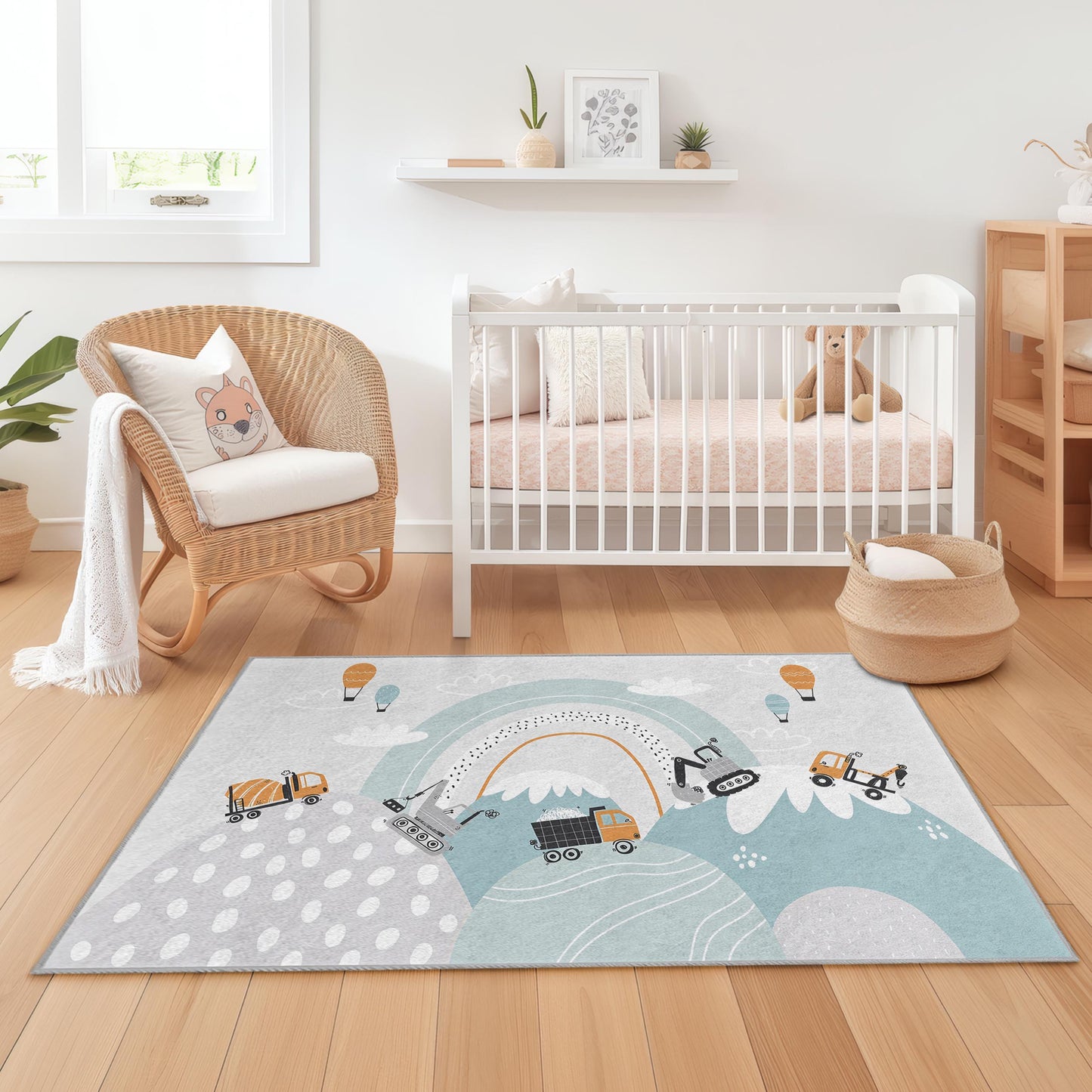 Construction Trucks Kids Rug, Playful Rectangular Rug for Childrens Room, Soft Nursery Decor, Fun Play Mat for Boys and Girls