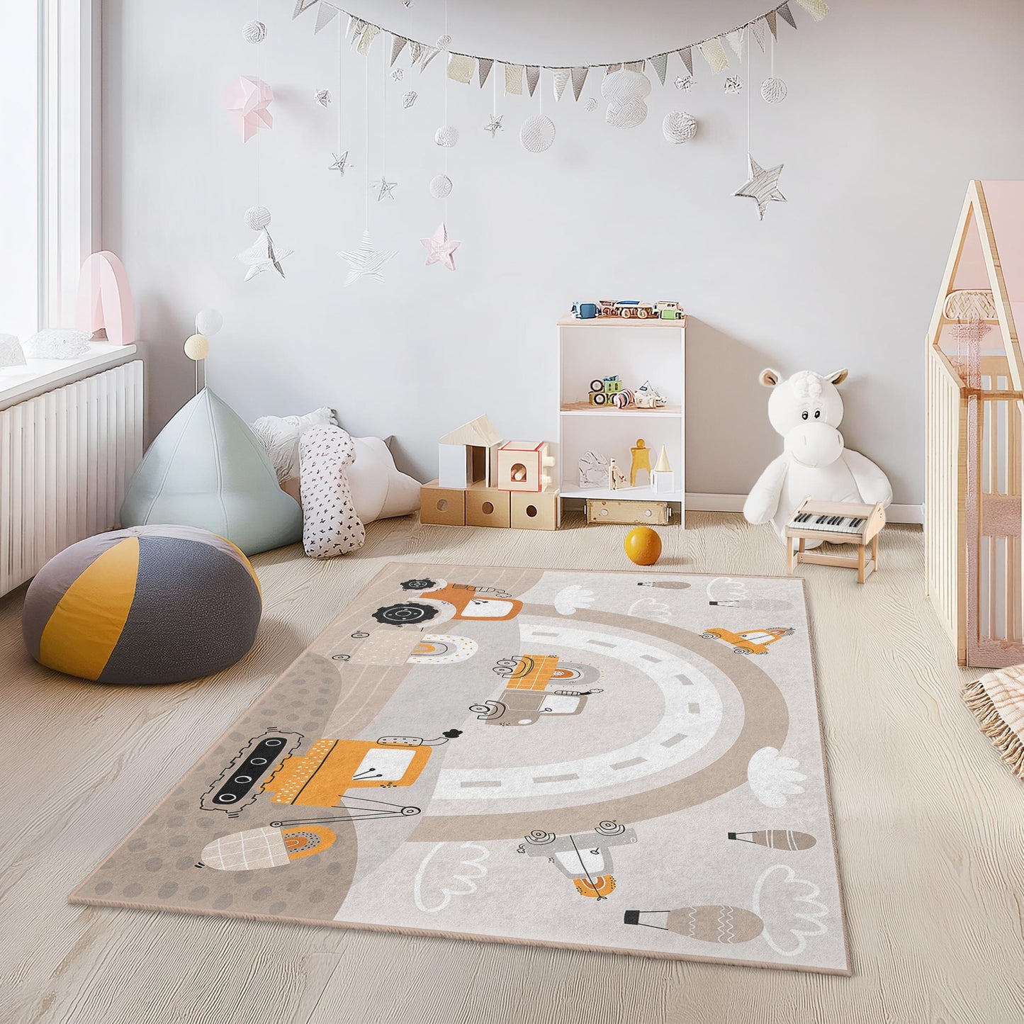 Construction Trucks Kids Rug, Fun Playroom Carpet, Rectangle Rug for Kids Room, Vehicle Theme Nursery Decor