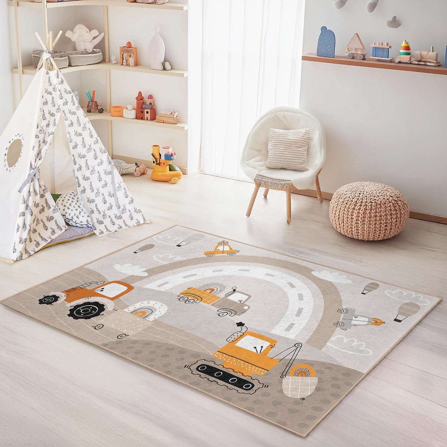 Construction Trucks Kids Rug, Fun Playroom Carpet, Rectangle Rug for Kids Room, Vehicle Theme Nursery Decor