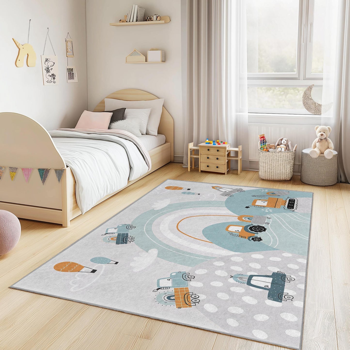 Construction Zone Kids Rug, Excavator and Truck Design, Rectangular Play Rug, Soft Nursery Carpet, Kids Room Decor