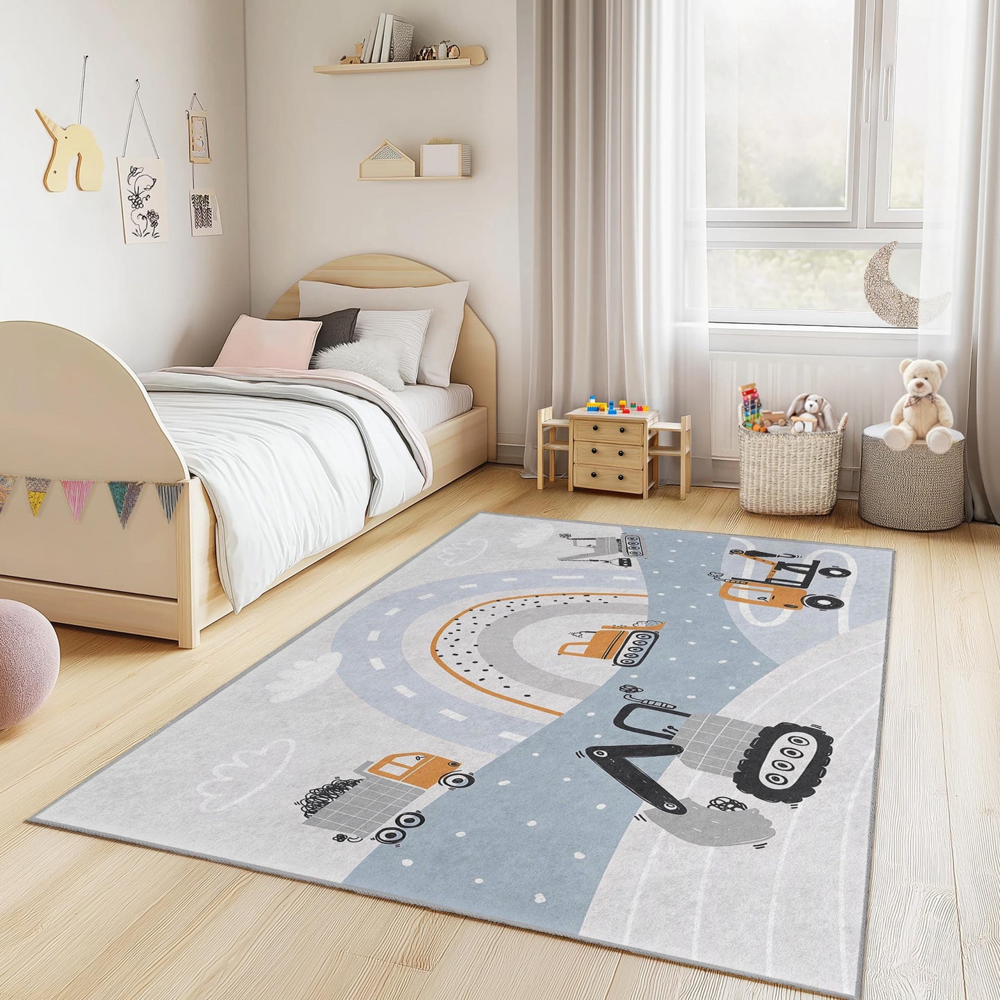Construction Themed Kids Rug, Excavator and Dump Truck Play Mat, Rectangle Kids Room Carpet, Soft Nursery Decor, Playroom Essentials
