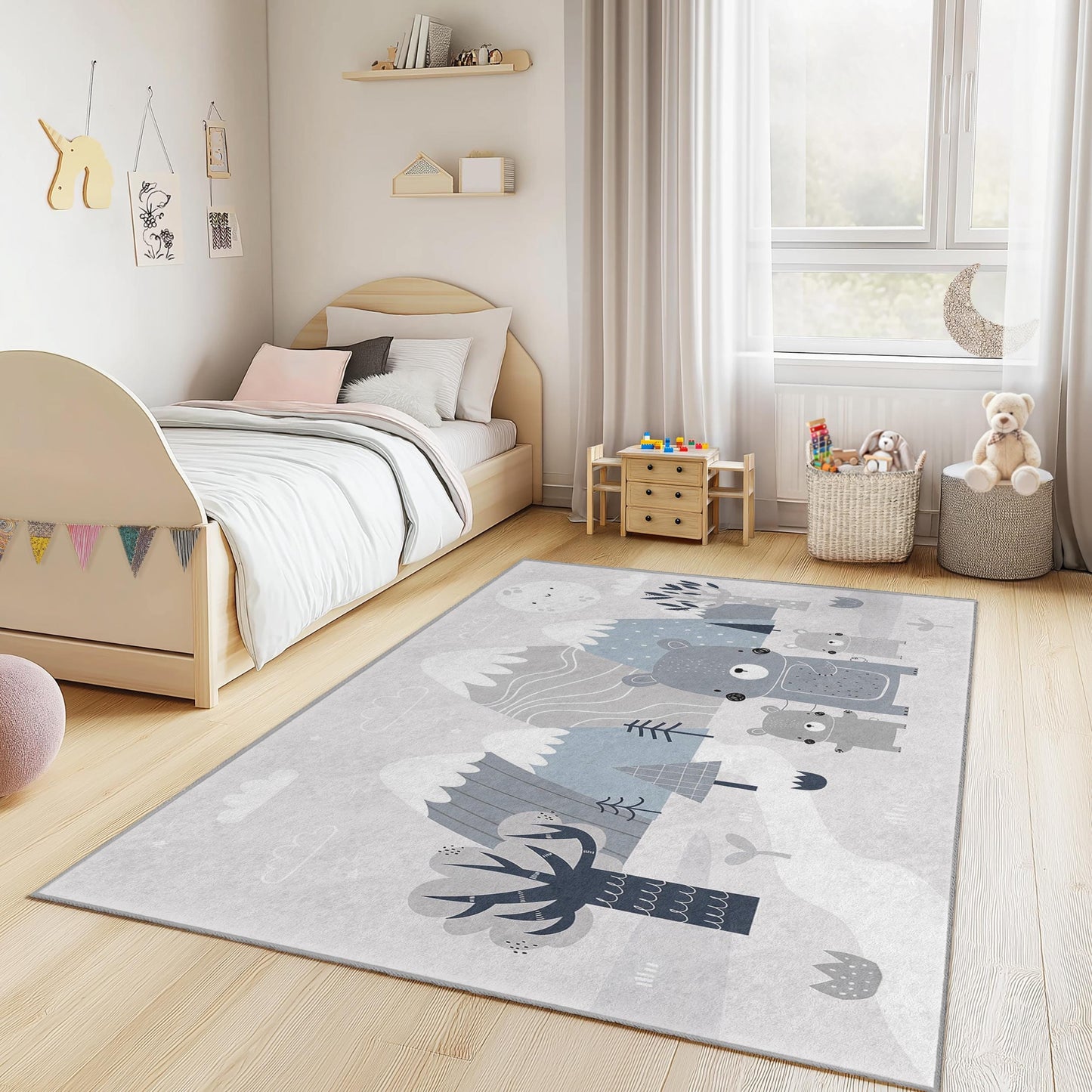 Cute Bear Family Rectangular Kids Rug, Animal Themed Nursery Rug, Cozy Playroom Carpet, Grey Kids Room Decor, Soft Bear Mat
