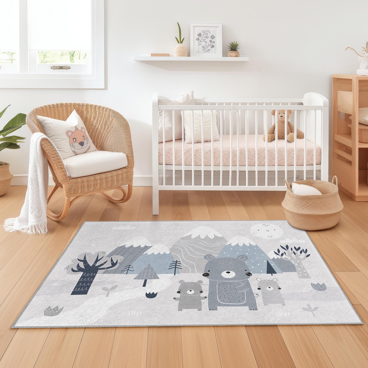 Cute Bear Family Rectangular Kids Rug, Animal Themed Nursery Rug, Cozy Playroom Carpet, Grey Kids Room Decor, Soft Bear Mat