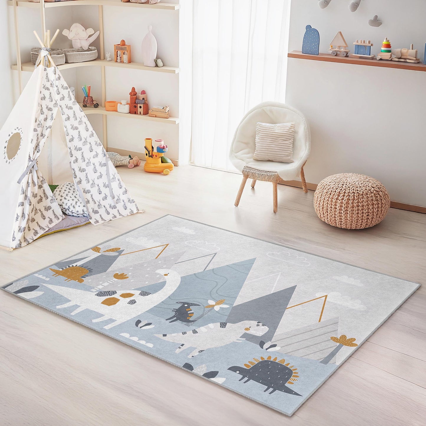 Dinosaur Adventure Kids Rug, Cute Dinosaur Theme Rectangle Rug for Children's Room, Soft Playroom Carpet, Nursery Decor