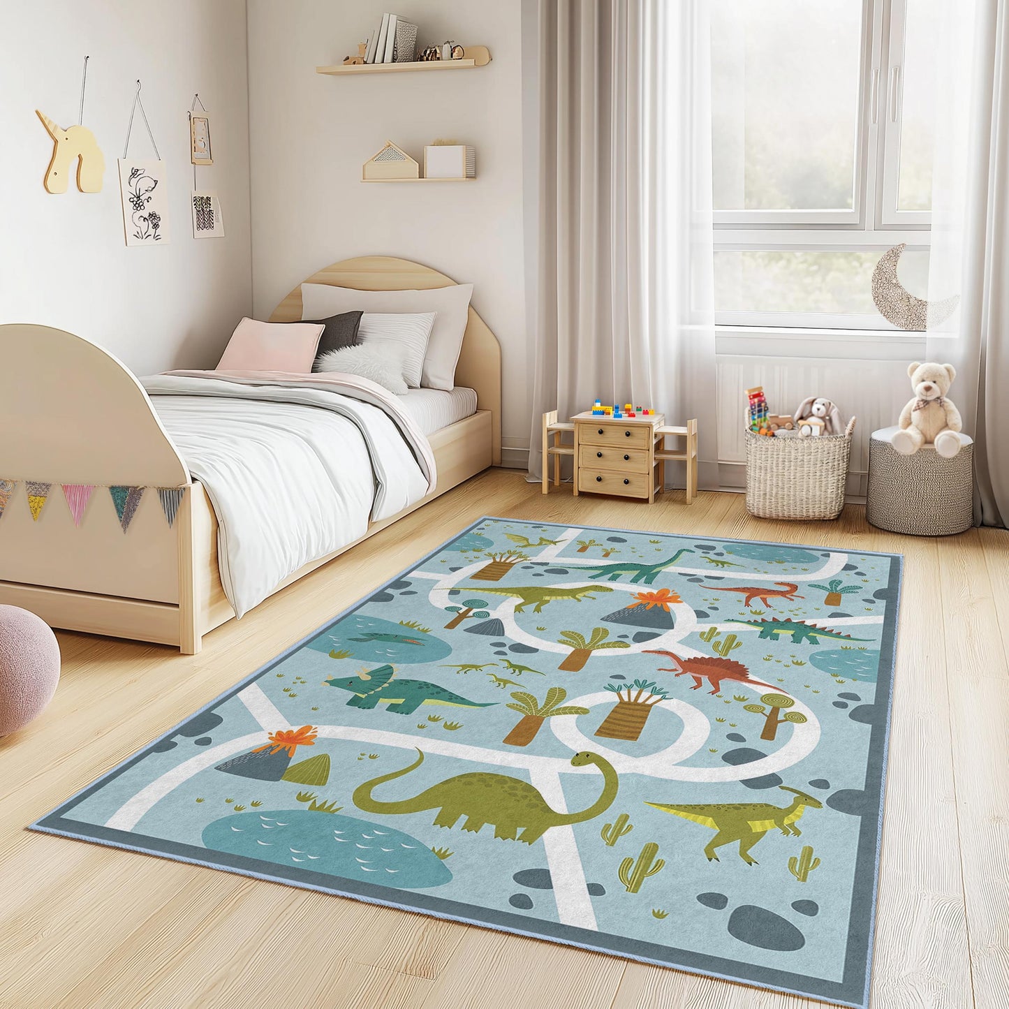 Dinosaur Adventure Kids Rug, Rectangular Playroom Carpet, Interactive Dinosaur Map Rug for Children's Room, Soft Nursery Decor