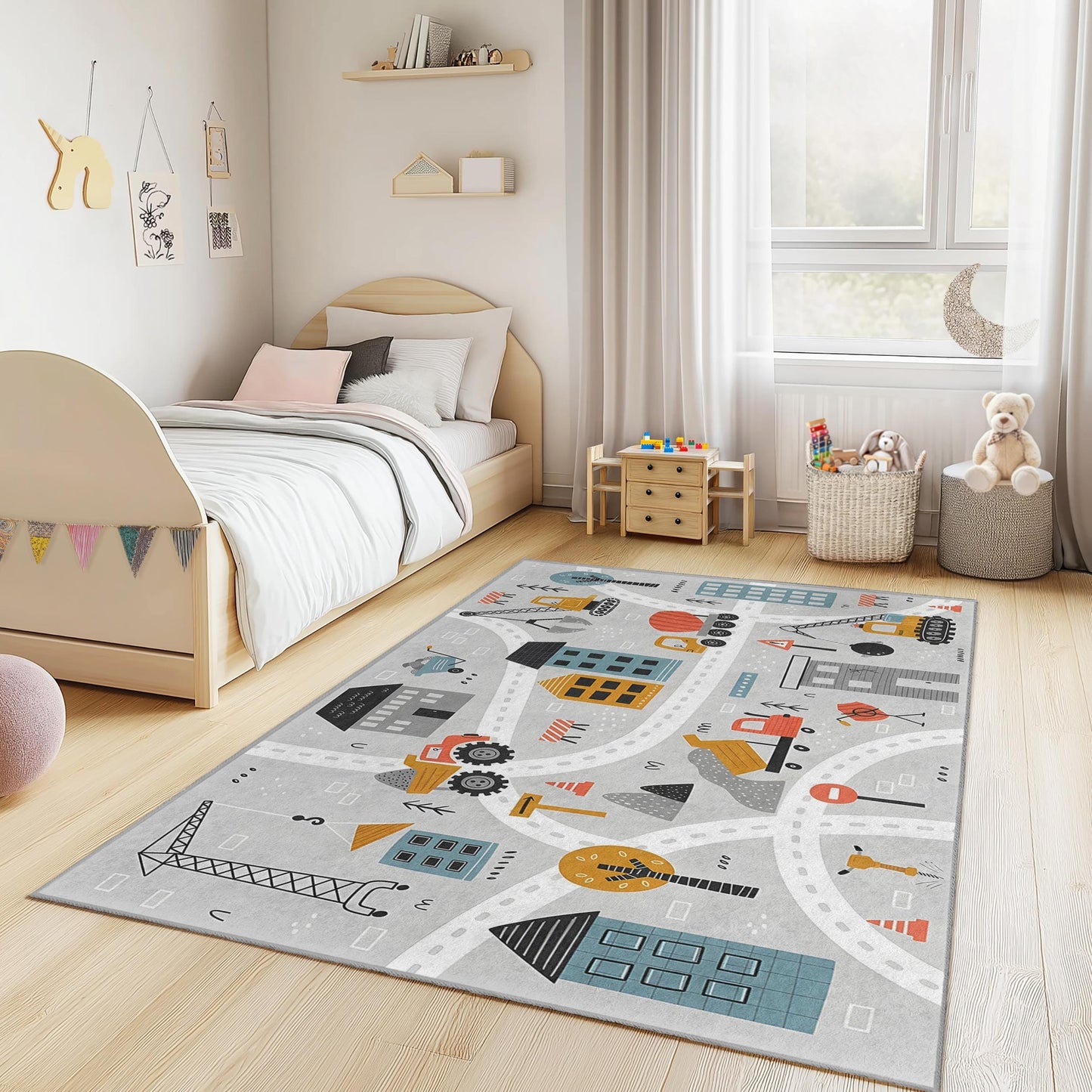 Construction Zone Rectangle Kids Rug, Colorful Building Trucks Carpet, Playroom Decor, Nursery Rug, Kids Room Mat