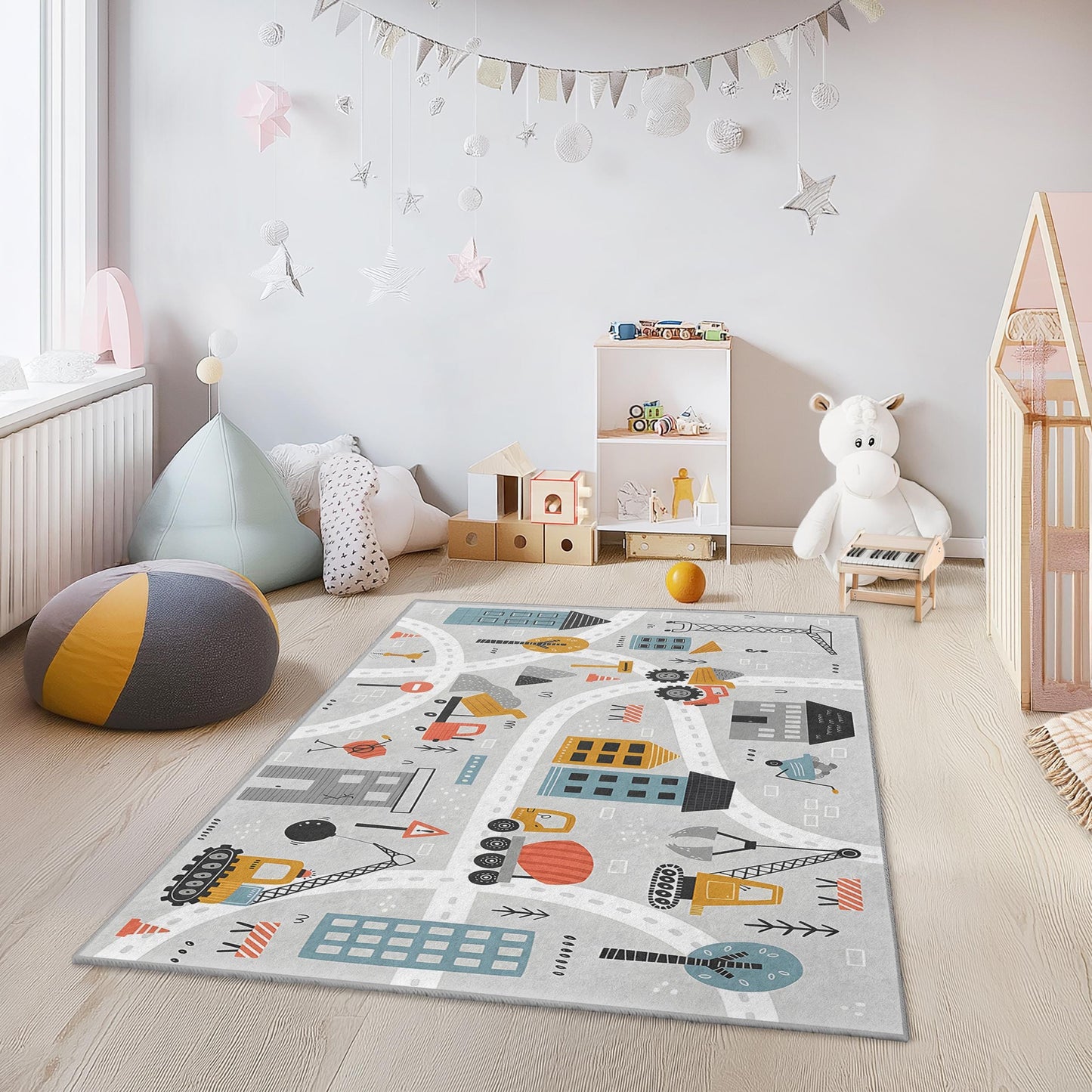 Construction Zone Rectangle Kids Rug, Colorful Building Trucks Carpet, Playroom Decor, Nursery Rug, Kids Room Mat