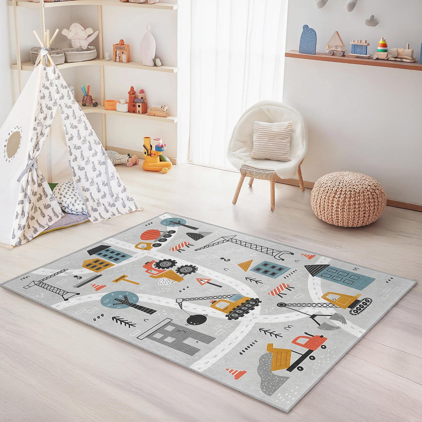 Construction Site Kids Rug, Rectangular Play Mat, Soft Carpet for Children's Room, Fun Building Theme, Nursery Decor