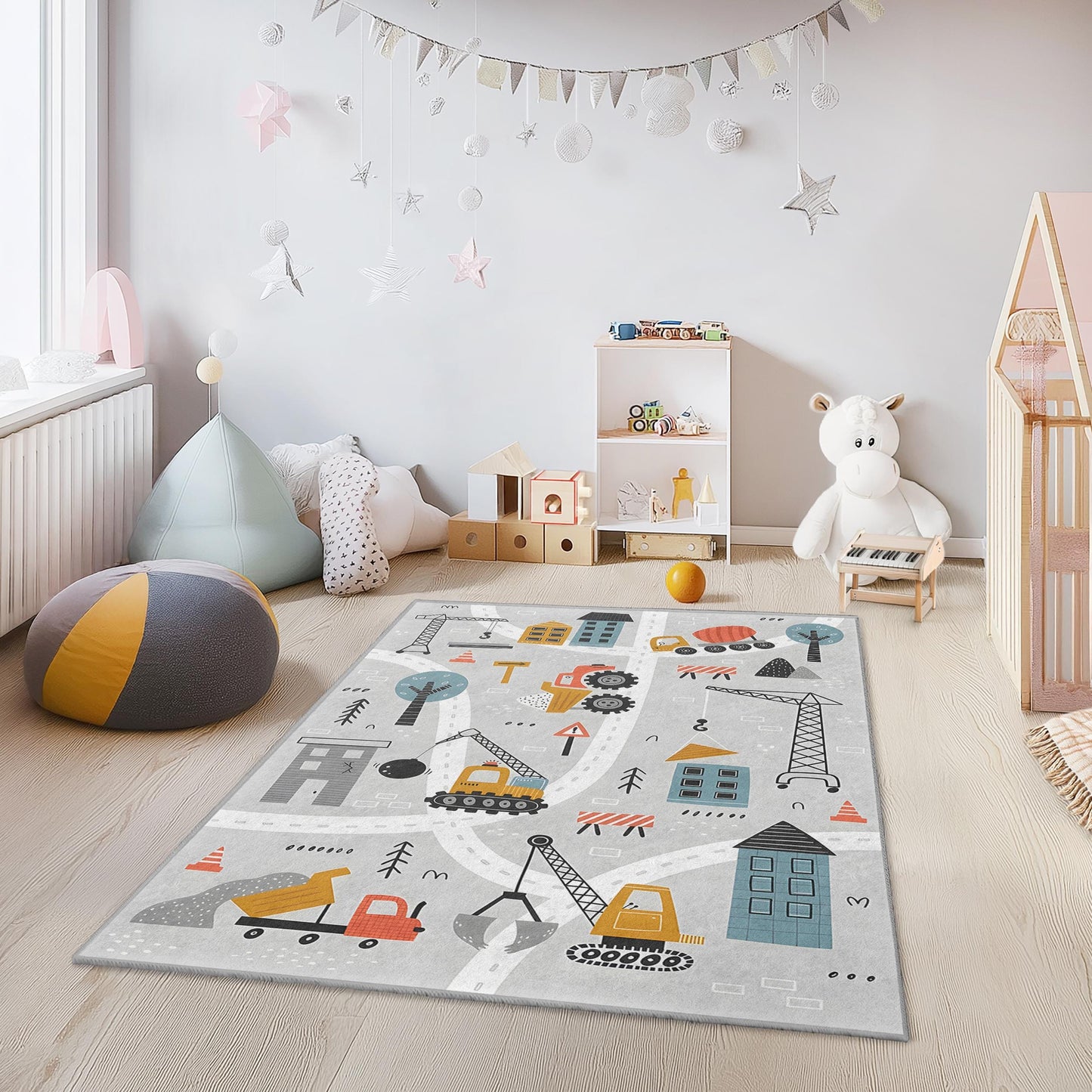 Construction Site Kids Rug, Rectangular Play Mat, Soft Carpet for Children's Room, Fun Building Theme, Nursery Decor
