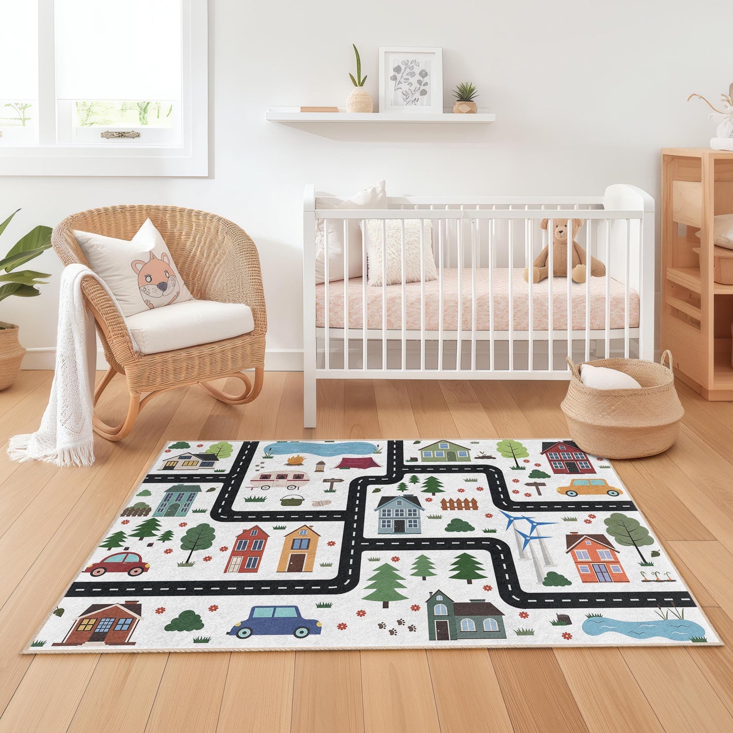Colorful Road Map Kids Area Rug, Rectangular Playroom Carpet, Fun Childrens Rug, Nursery Decor, Interactive Play Mat
