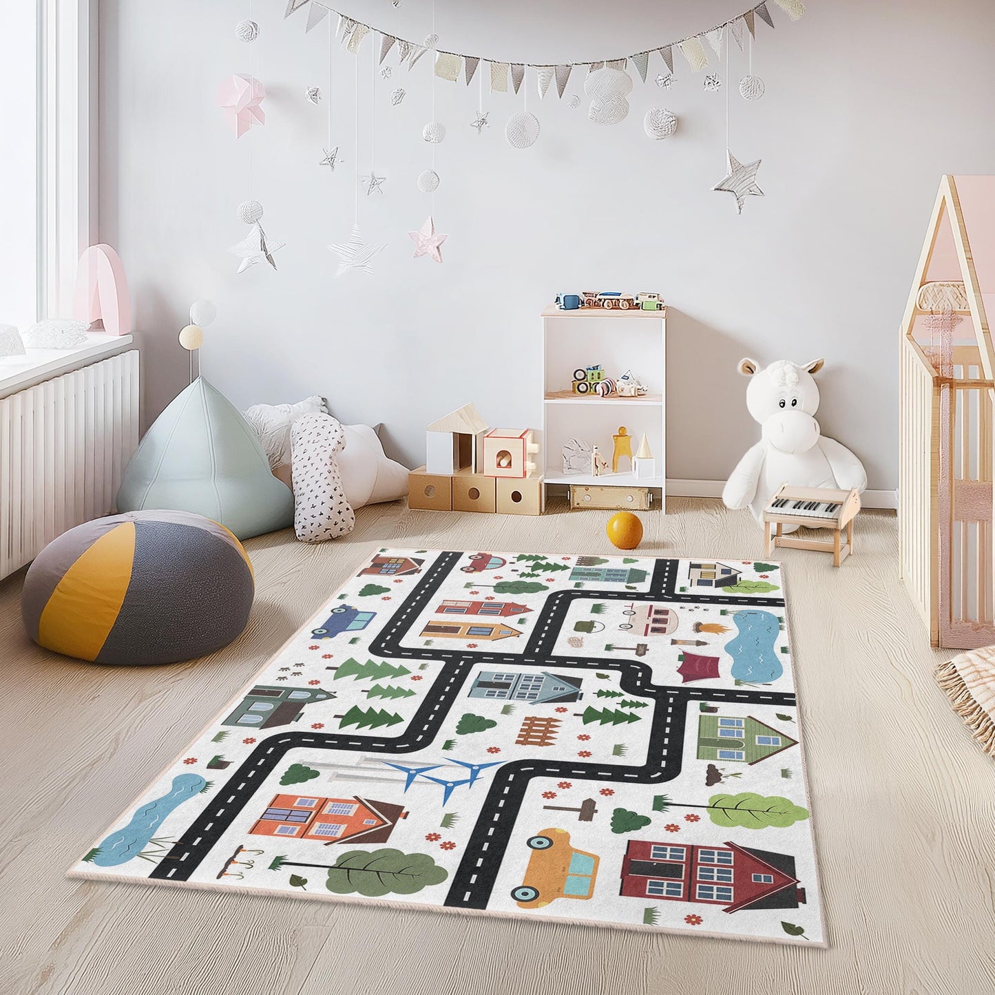Colorful Road Map Kids Area Rug, Rectangular Playroom Carpet, Fun Childrens Rug, Nursery Decor, Interactive Play Mat