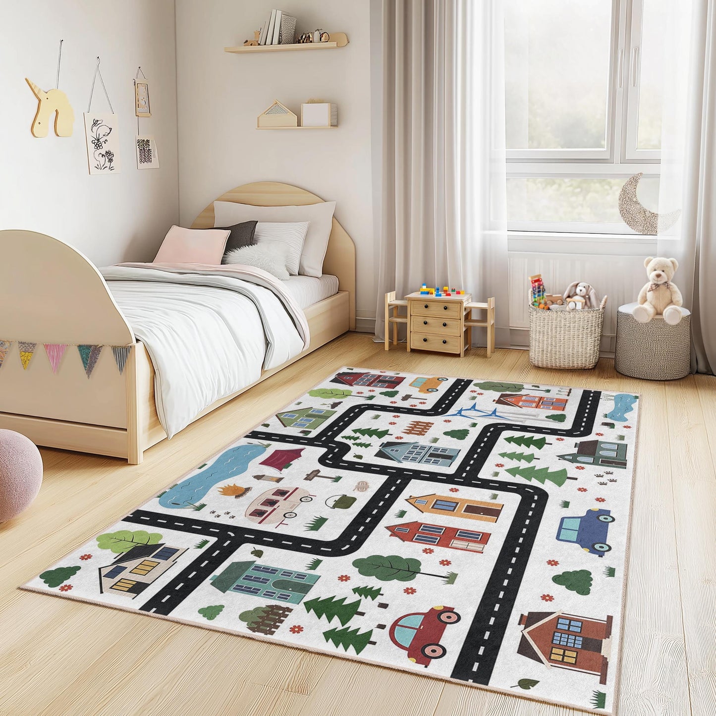 Colorful Road Map Kids Area Rug, Rectangular Playroom Carpet, Fun Childrens Rug, Nursery Decor, Interactive Play Mat