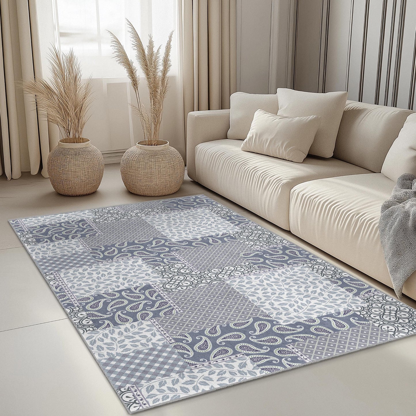 Elegant Patchwork Design Rectangular Area Rug, Modern Living Room Carpet, Stylish Home Decor, Soft Floor Mat for Family