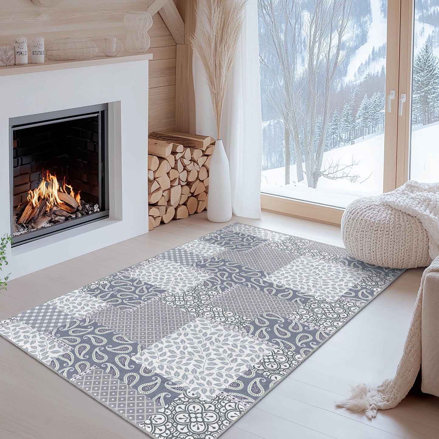 Elegant Patchwork Design Rectangular Area Rug, Modern Living Room Carpet, Stylish Home Decor, Soft Floor Mat for Family