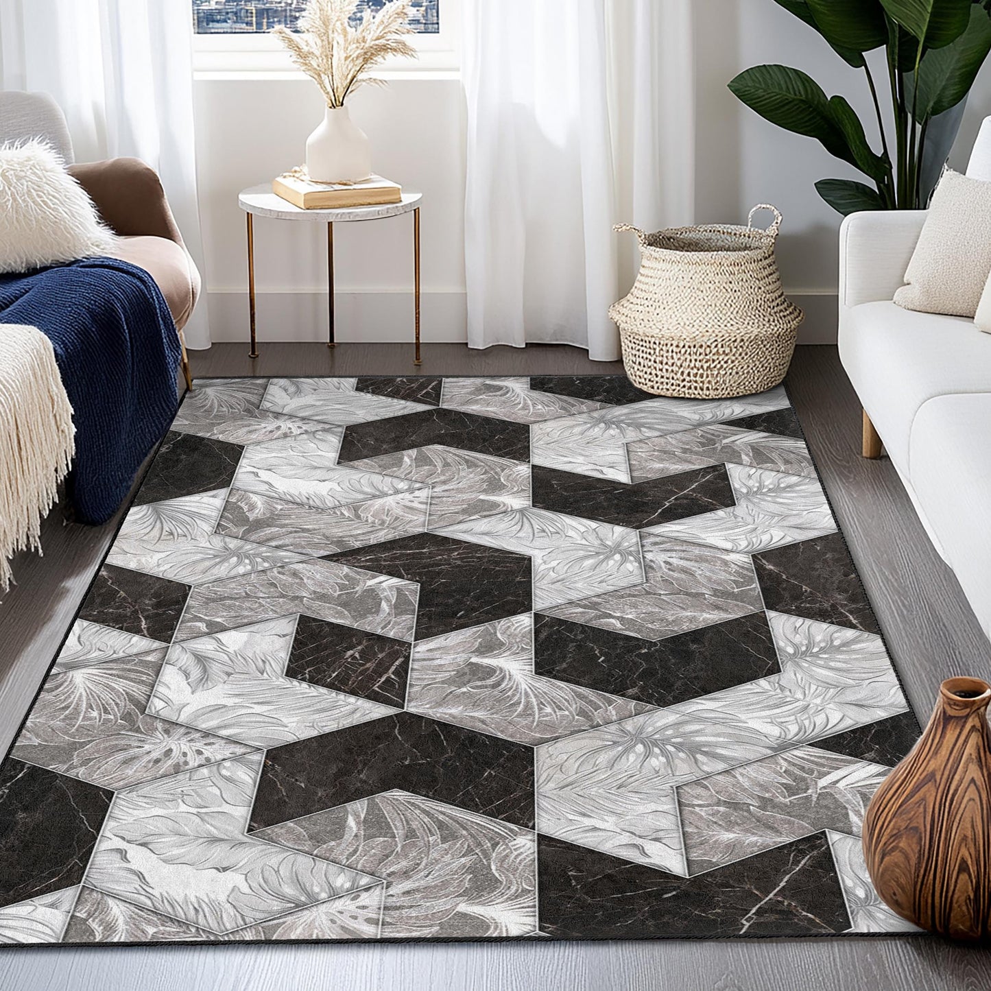 Geometric Black and White Rectangle Area Rug, Modern Patterned Carpet for Living Room, Stylish Home Decor, Elegant Floor Covering