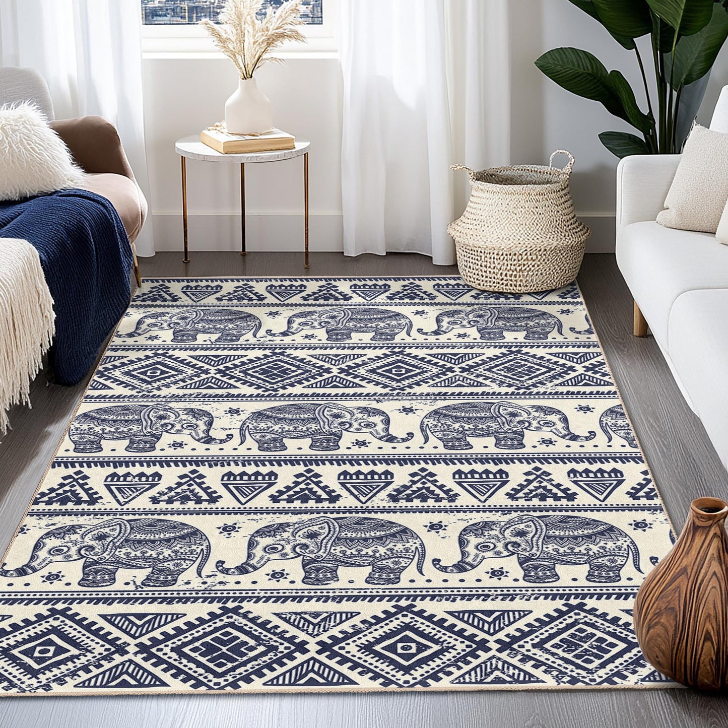 Navy Blue Elephant Pattern Rectangular Area Rug, Boho Chic Living Room Carpet, Stylish Elephant Design Rug, Unique Home Decor
