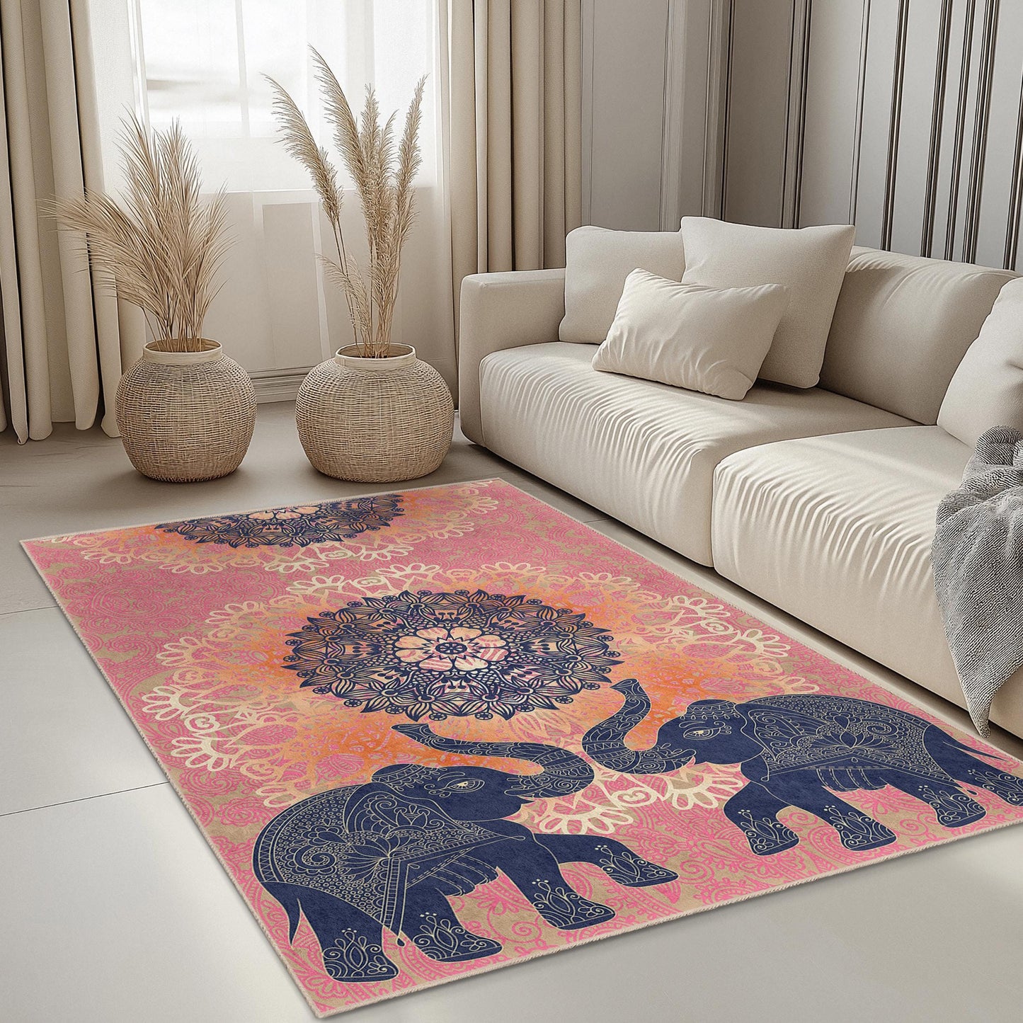 Mandala Elephant Pattern Rectangle Area Rug, Bohemian Style Living Room Carpet, Ethnic Design Home Decor Rug, Soft Floor Mat
