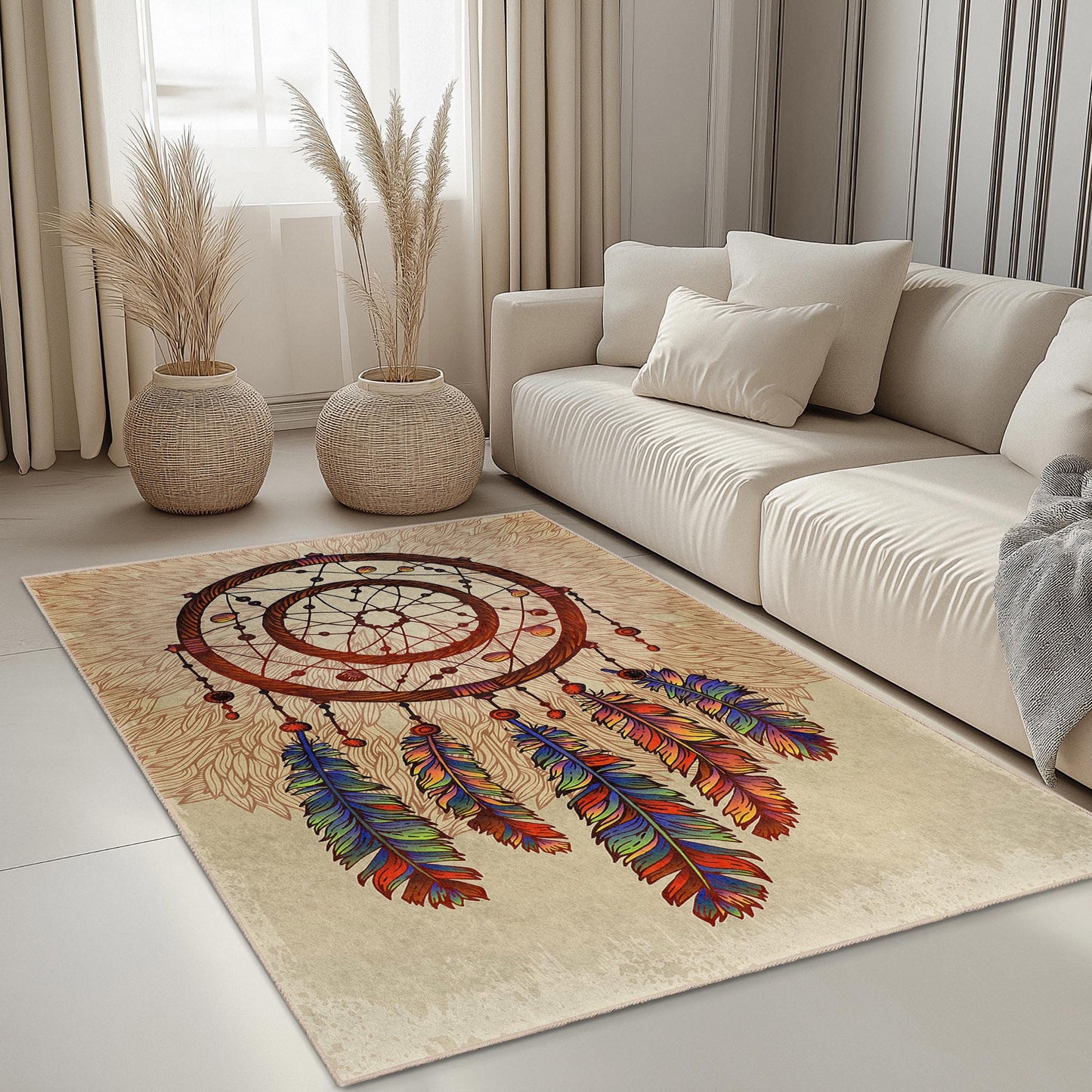 Dreamcatcher Bohemian Rectangular Area Rug, Colorful Dream Catcher Carpet, Living Room Decor, Boho Style Rug, Ethnic Pattern Rug