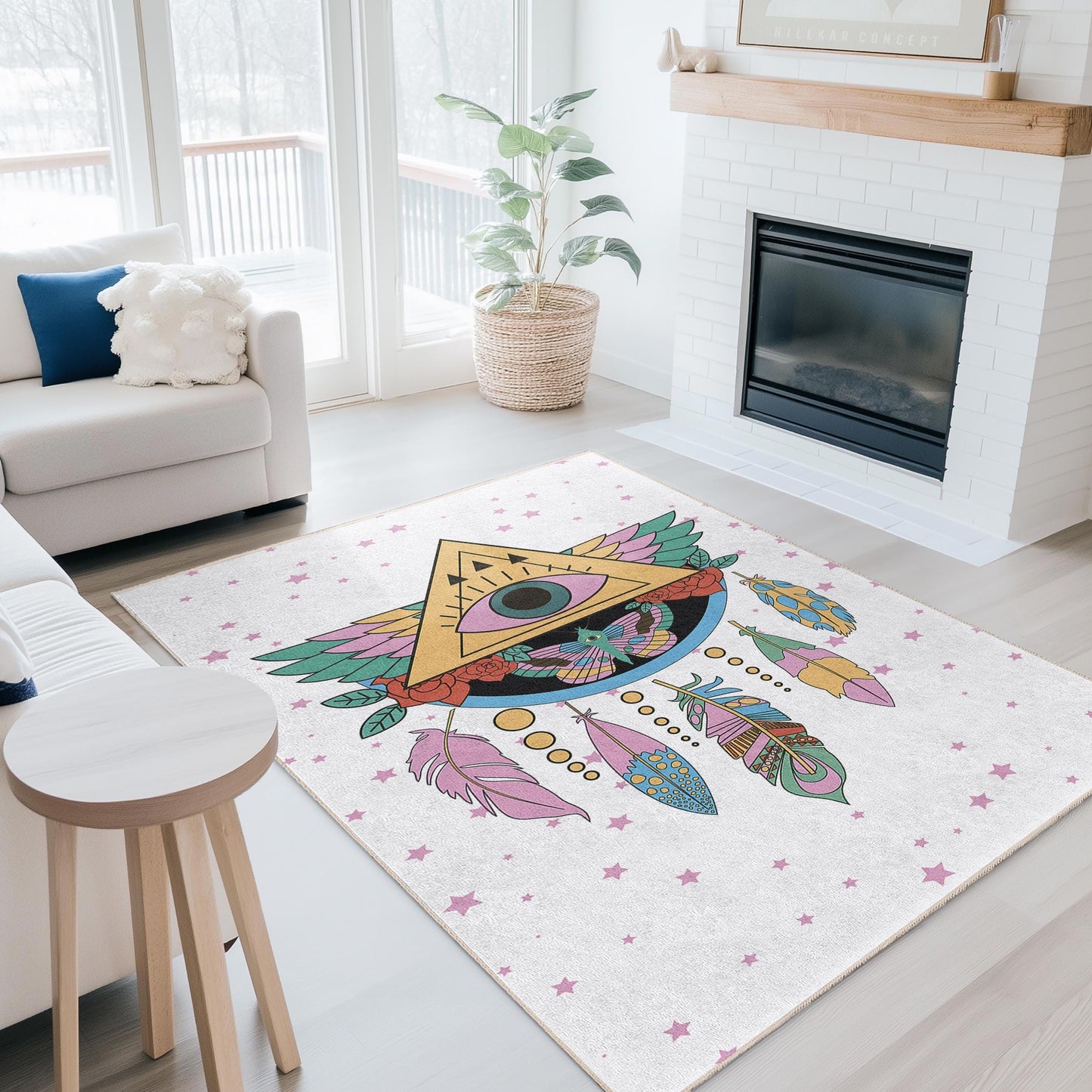 Mystical Eye and Feather Pattern Rectangular Rug, Bohemian Home Decor, Artistic Area Rug, Living Room Carpet, Unique Floor Mat