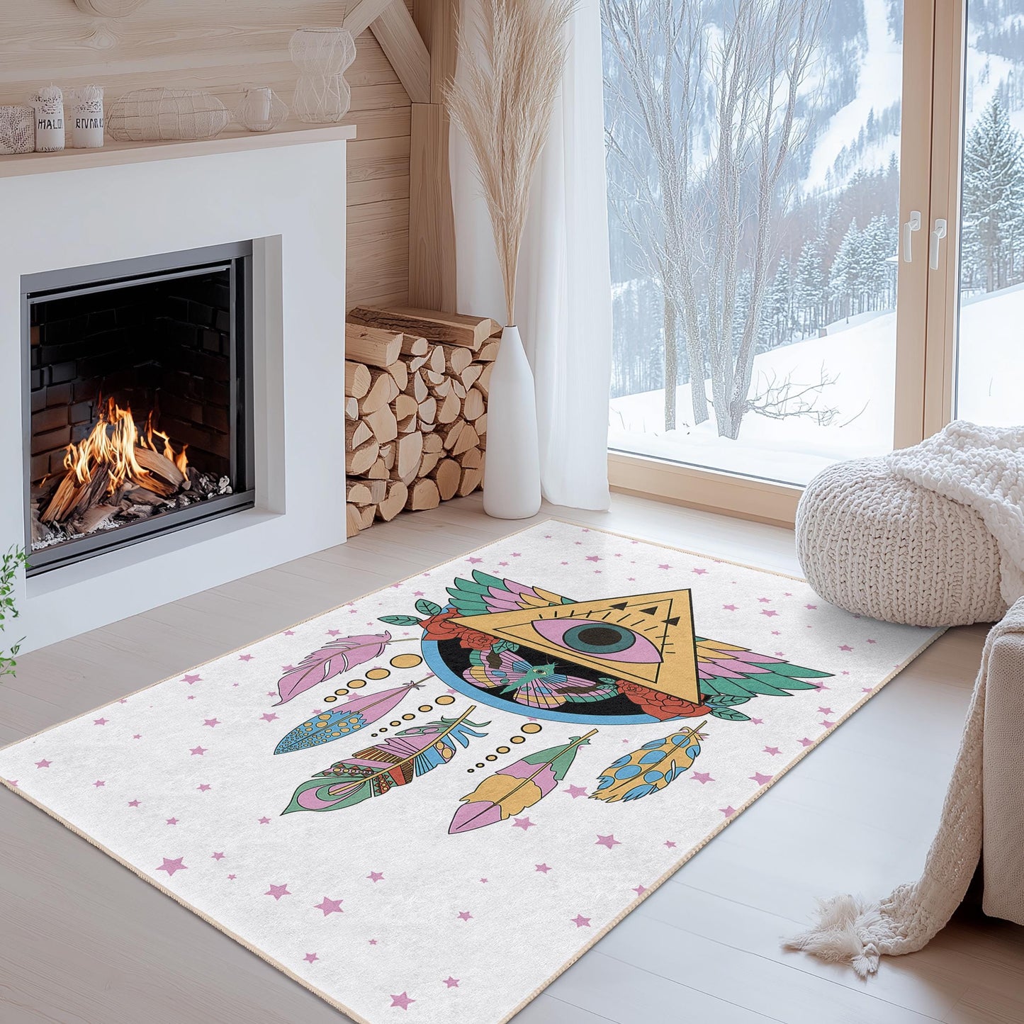 Mystical Eye and Feather Pattern Rectangular Rug, Bohemian Home Decor, Artistic Area Rug, Living Room Carpet, Unique Floor Mat