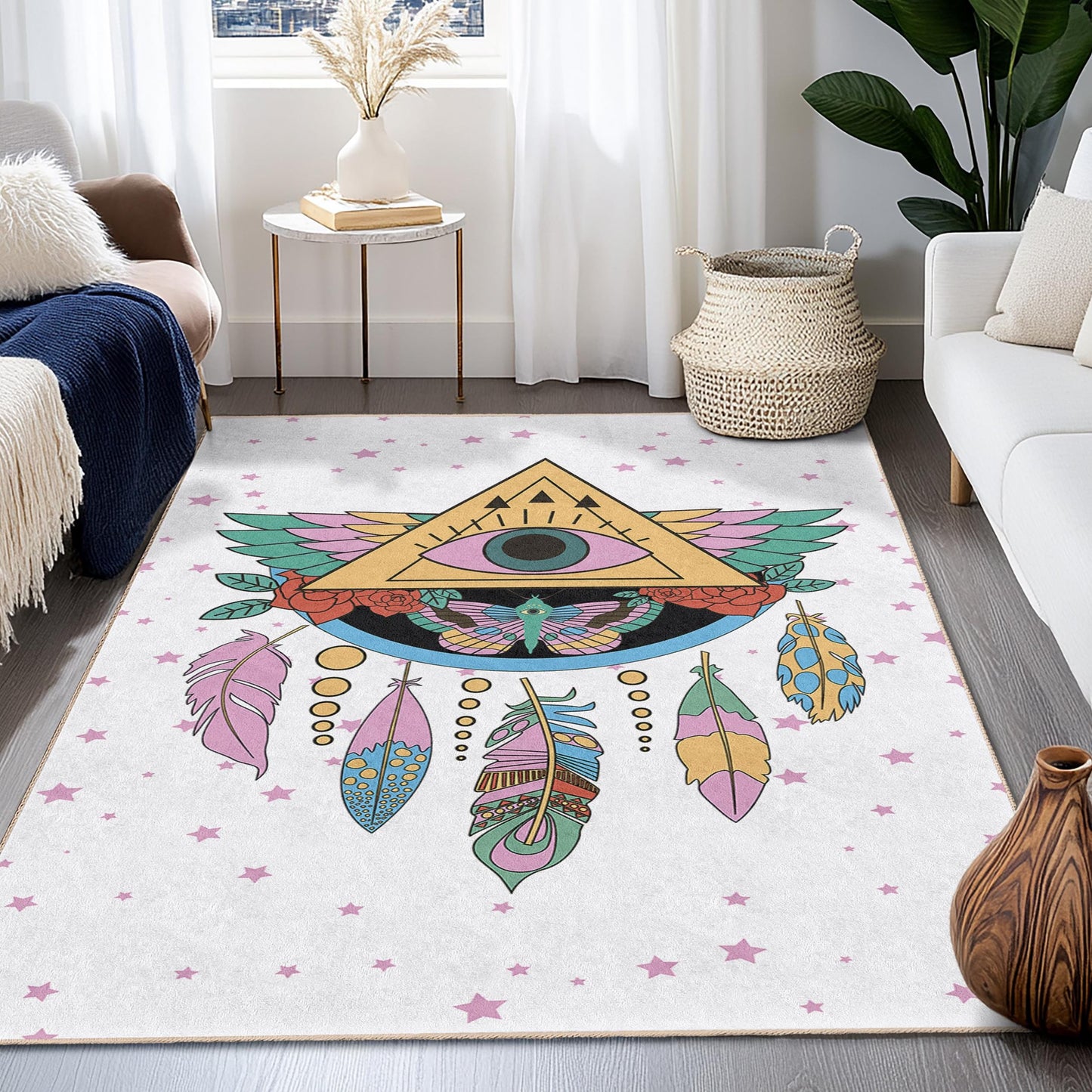 Mystical Eye and Feather Pattern Rectangular Rug, Bohemian Home Decor, Artistic Area Rug, Living Room Carpet, Unique Floor Mat